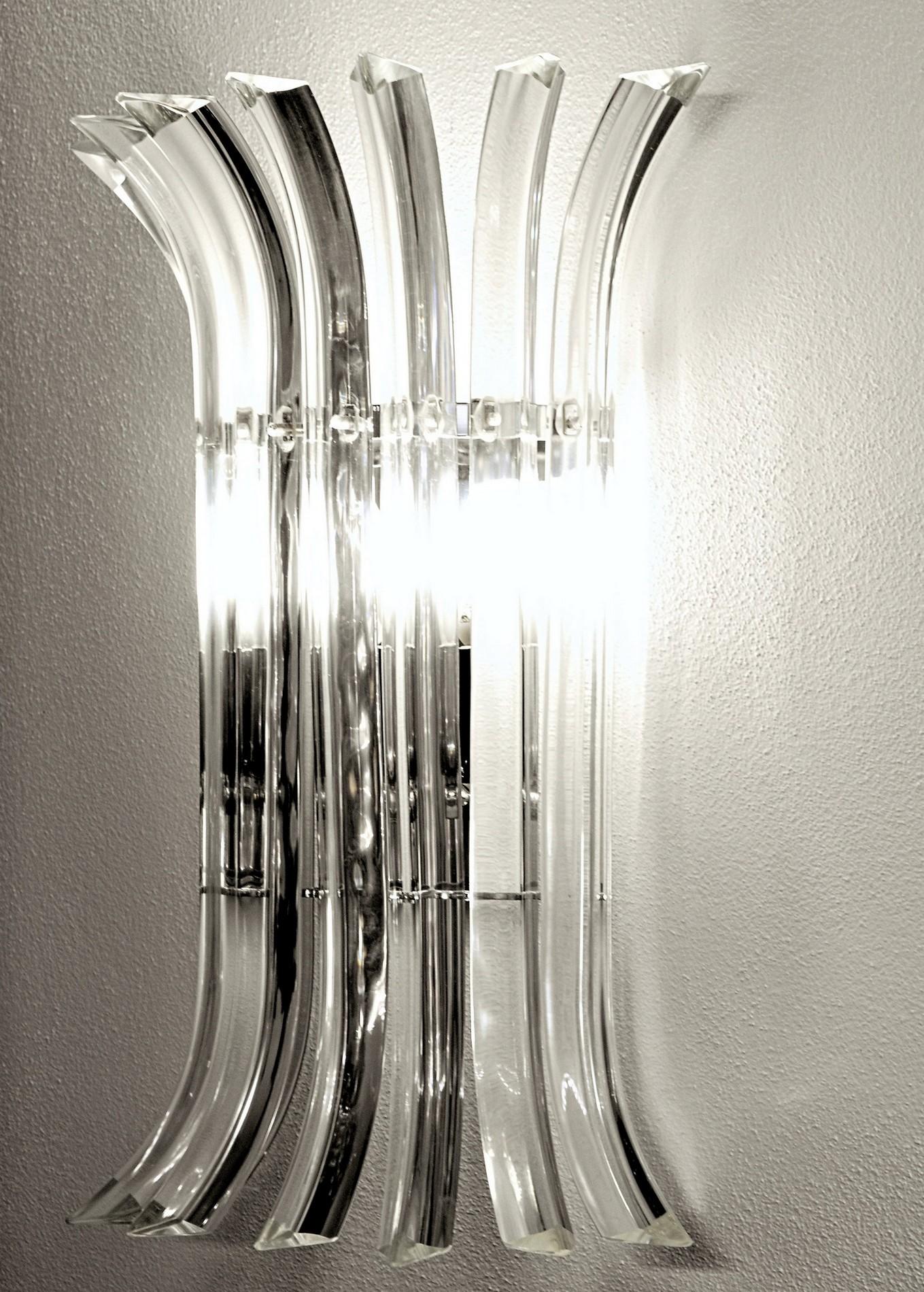 Mid-Century Modern Pair of Triedri Sconces, Clear Glass, Murano, Four Sets Available, New Hardware