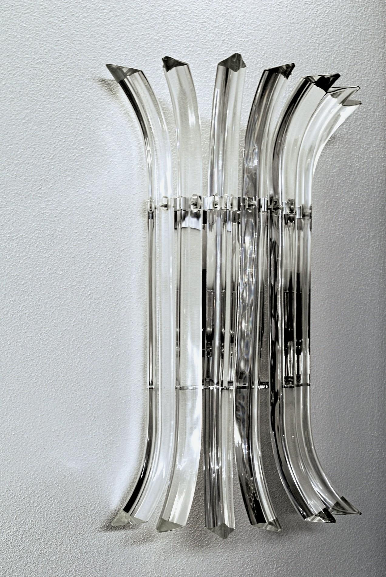 Murano Glass Pair of Triedri Sconces, Clear Glass, Murano, Four Sets Available, New Hardware