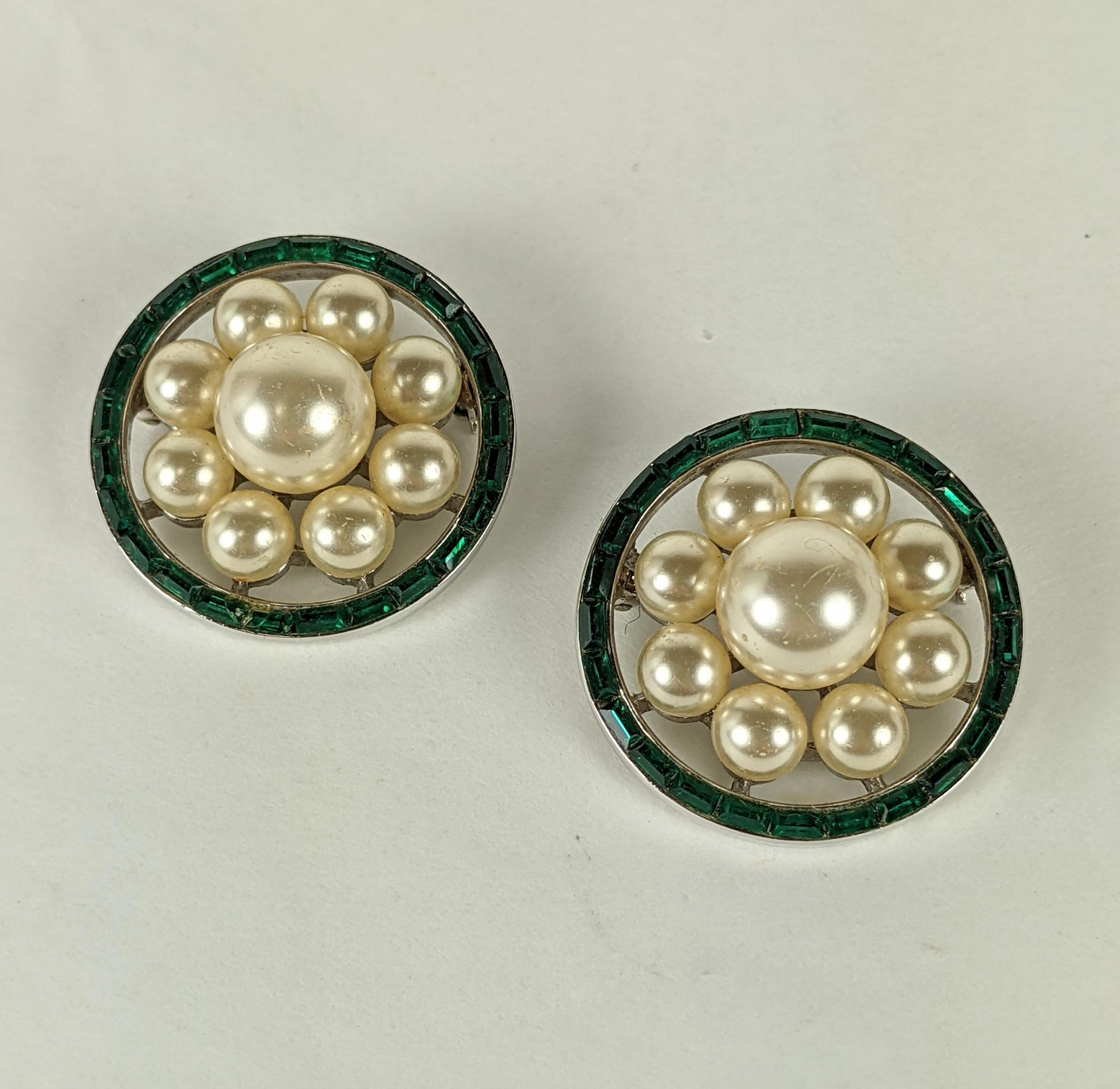 Fun pair of Trifari Pearl and Baguette Scatter Pins from the 1960's of faux pearls with emerald baguette borders. Signed Trifari,  1