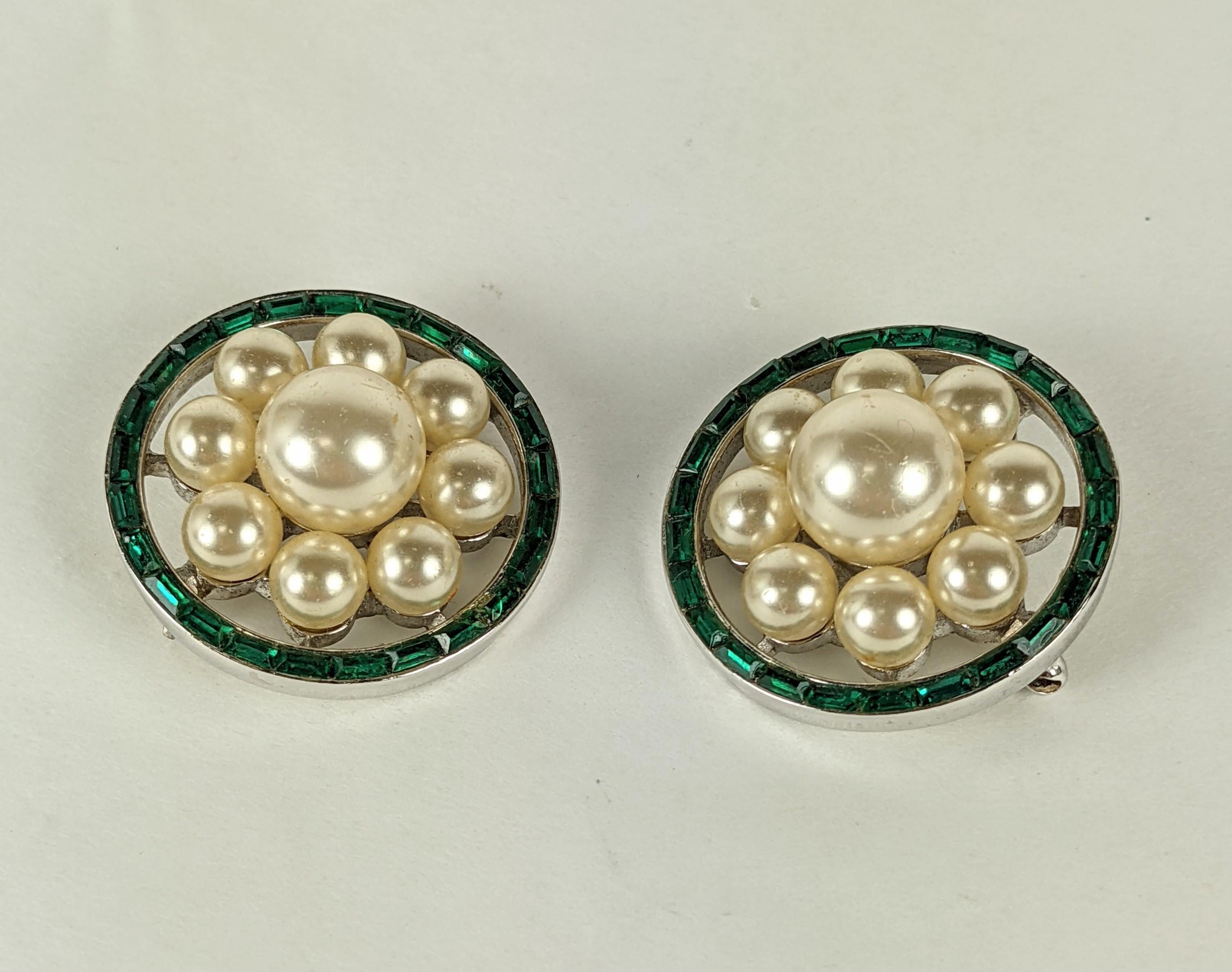 Art Deco Pair of Trifari Pearl and Baguette Scatter Pins For Sale