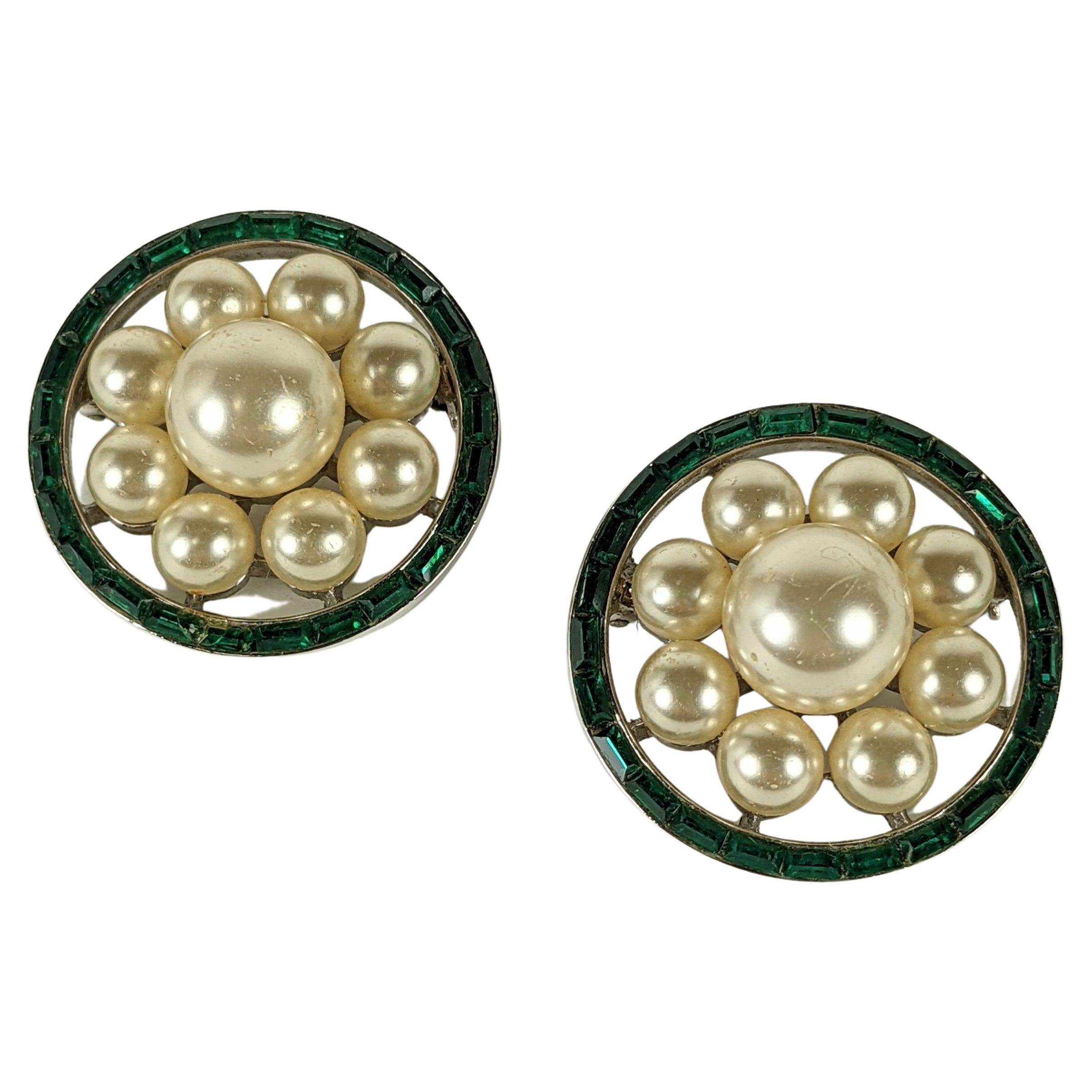 Pair of Trifari Pearl and Baguette Scatter Pins For Sale