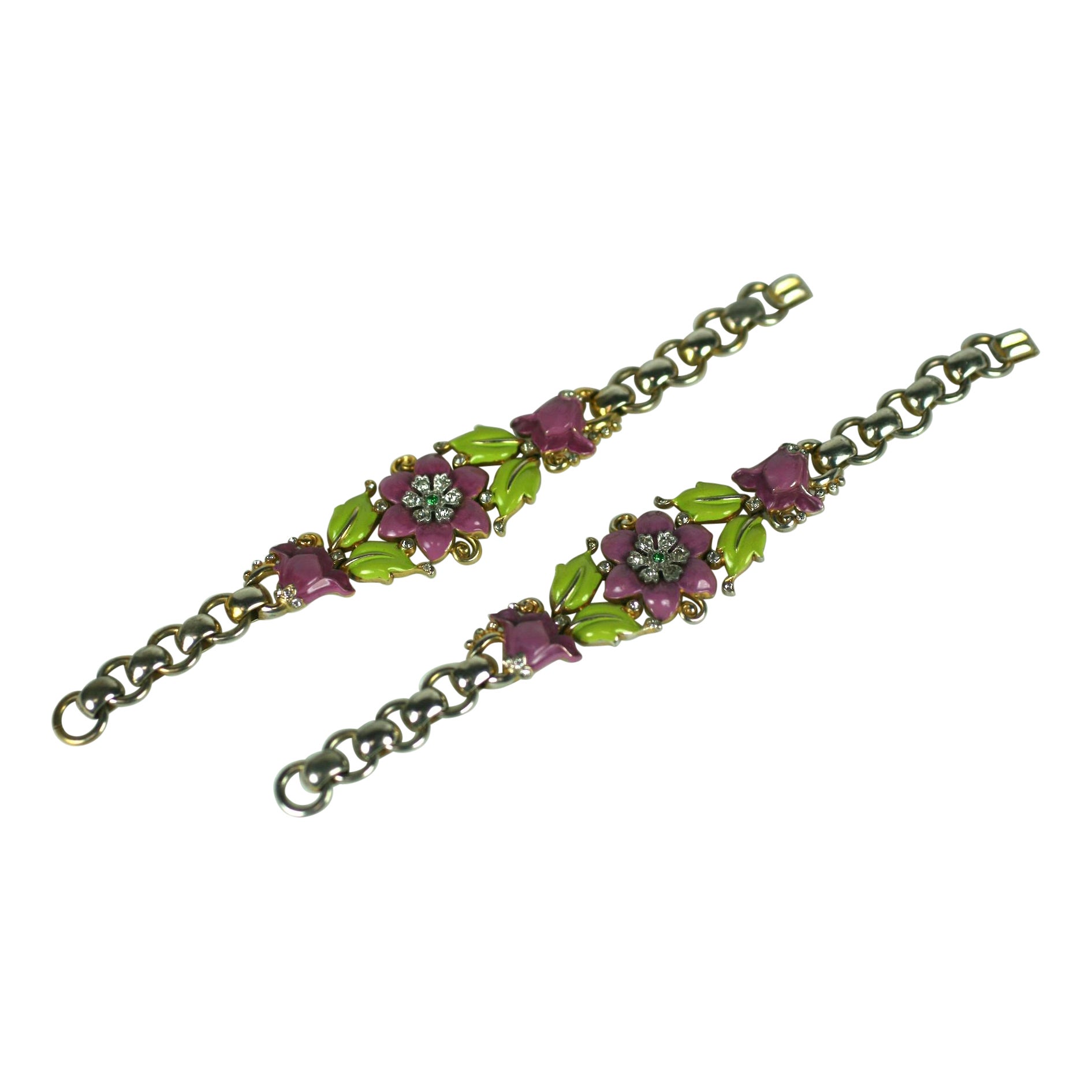 Pair of Trifari "Rue de la Paix" Enamel Bellflower Bracelets, Alfred Phillipe For Sale