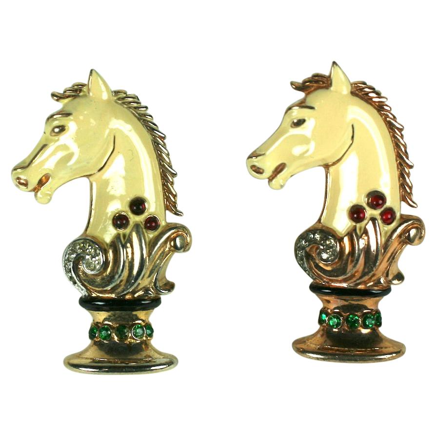 Trifari Sterling Alfred Philippe Ivory Knight Chess Clip Brooches.