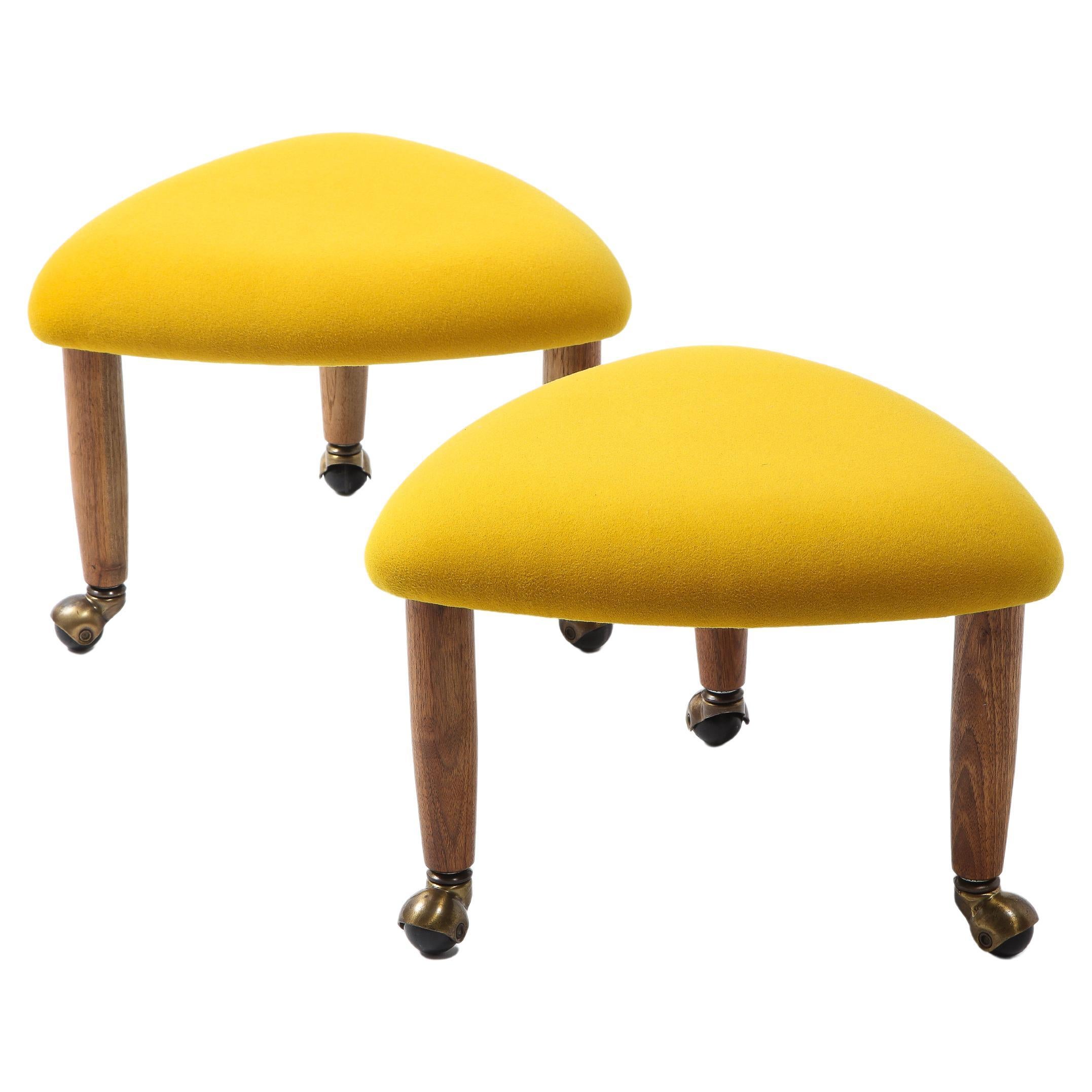 Adrian Pearsal Pair of Trifecta Stools on Castors in Yellow Cashmere, USA 1960's For Sale