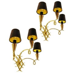 Pair of Triple Arms Brass Sconces in the Style of Leleu