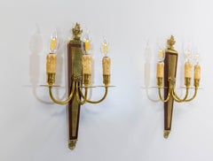 Pair of Triple Sconces Brass and Iroko, Louis XVI style circa 1960