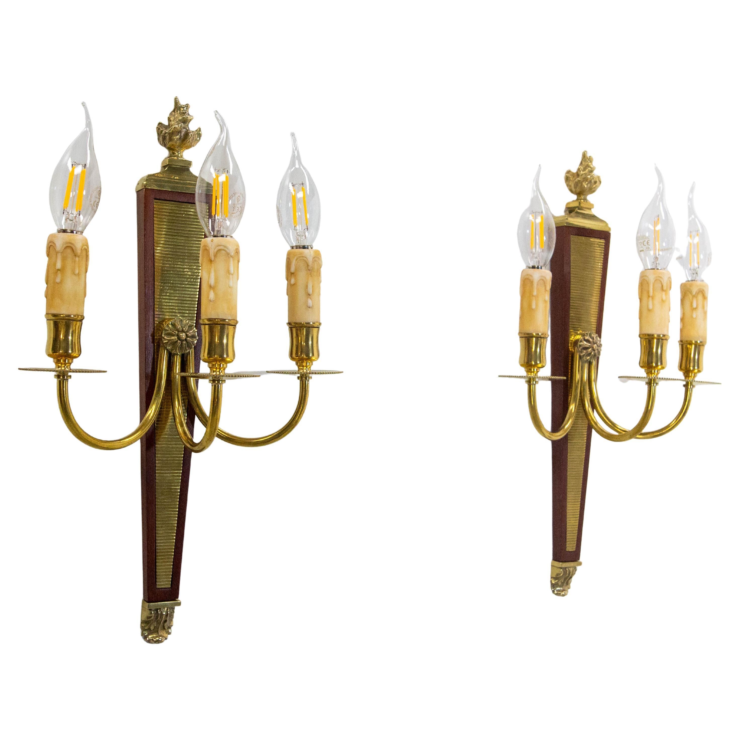 Pair of Triple Sconces Brass and Iroko, Louis XVI style circa 1960