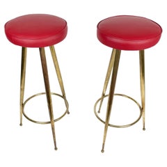 Pair of Tripod Bar Stools Brass and Red Vinyl  Gio Ponti style, Italy 1950s