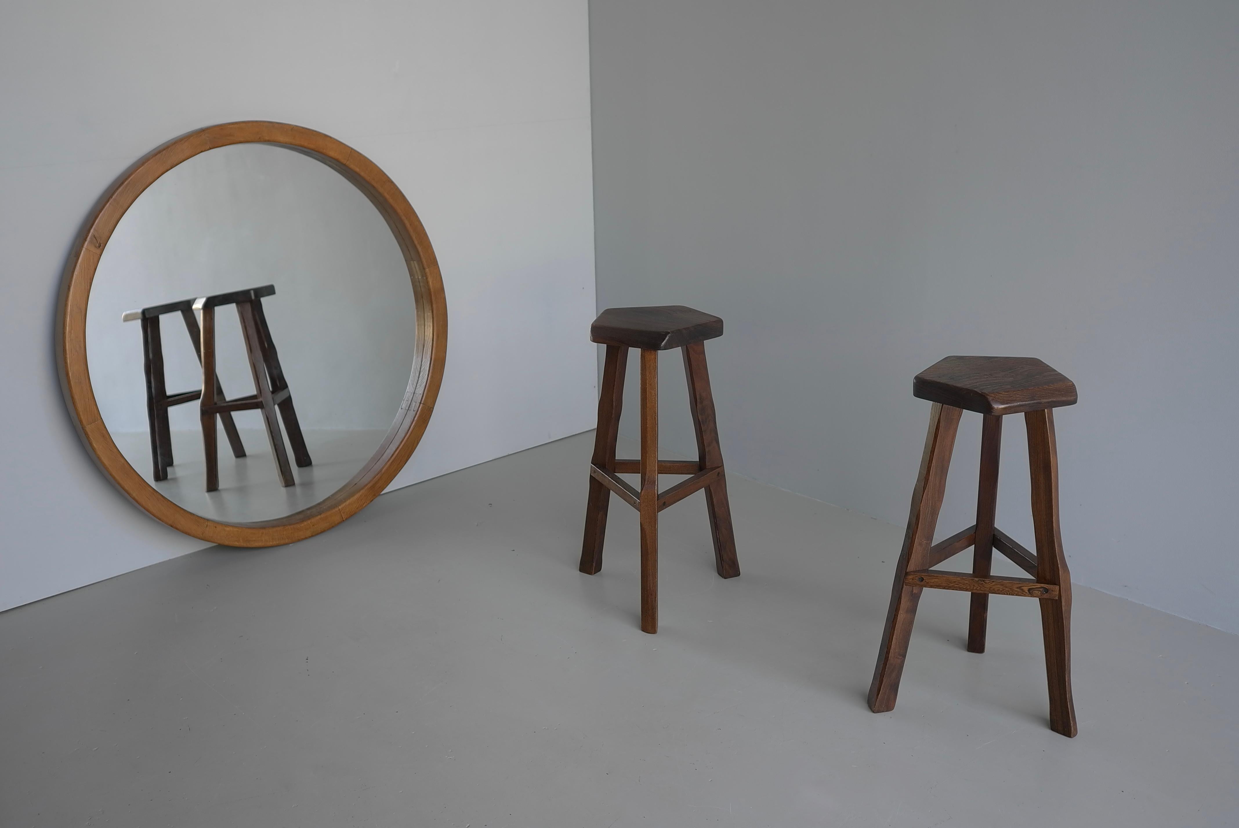 Pair of Tripod Curved Bar Stools in Solid Elm Wood by Aranjou, France, 1960's For Sale 5
