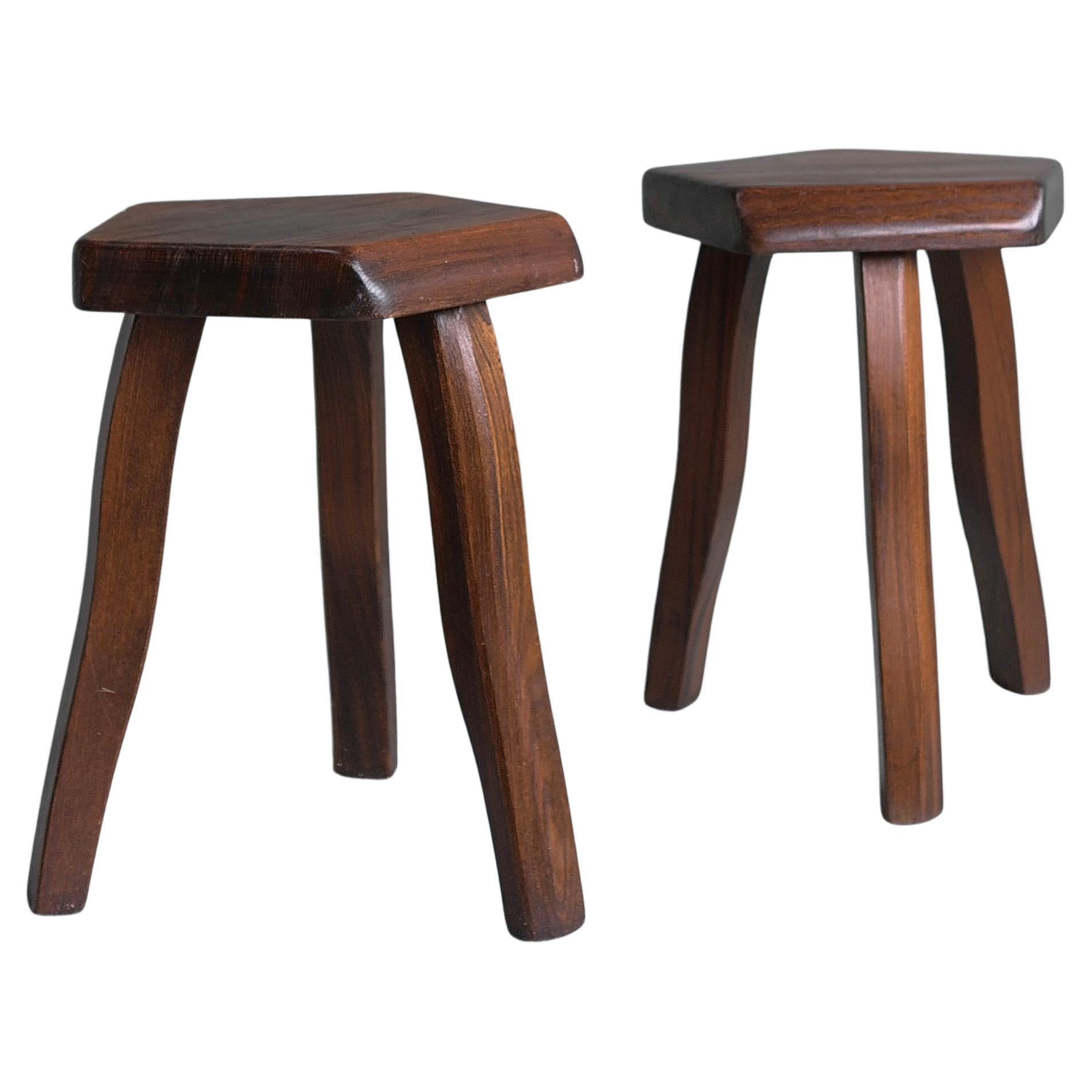 Pair of Tripod Curved Stools in Solid Elm Wood by Aranjou, France, 1960's 7
