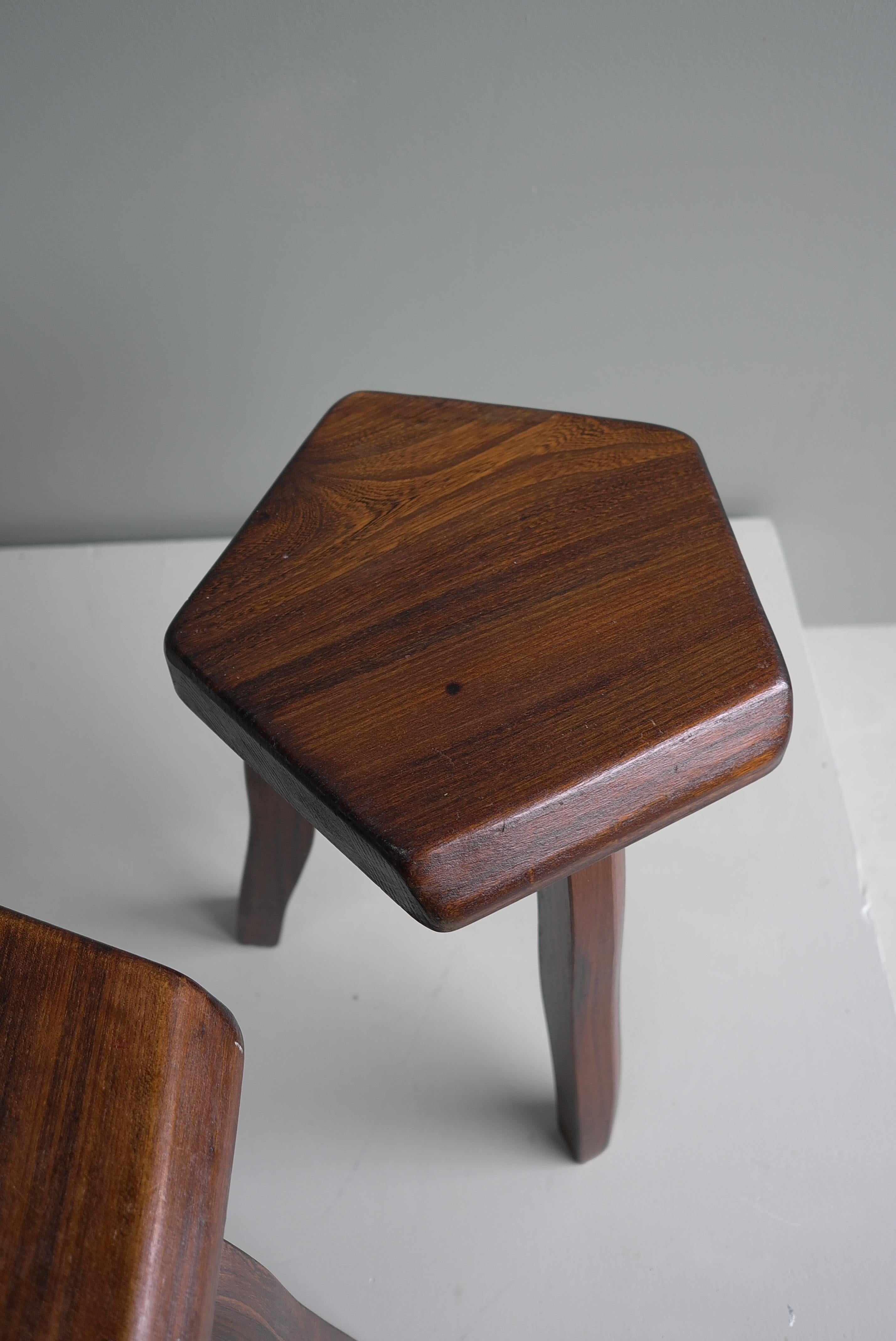 Mid-Century Modern Pair of Tripod Curved Stools in Solid Elm Wood by Aranjou, France, 1960's