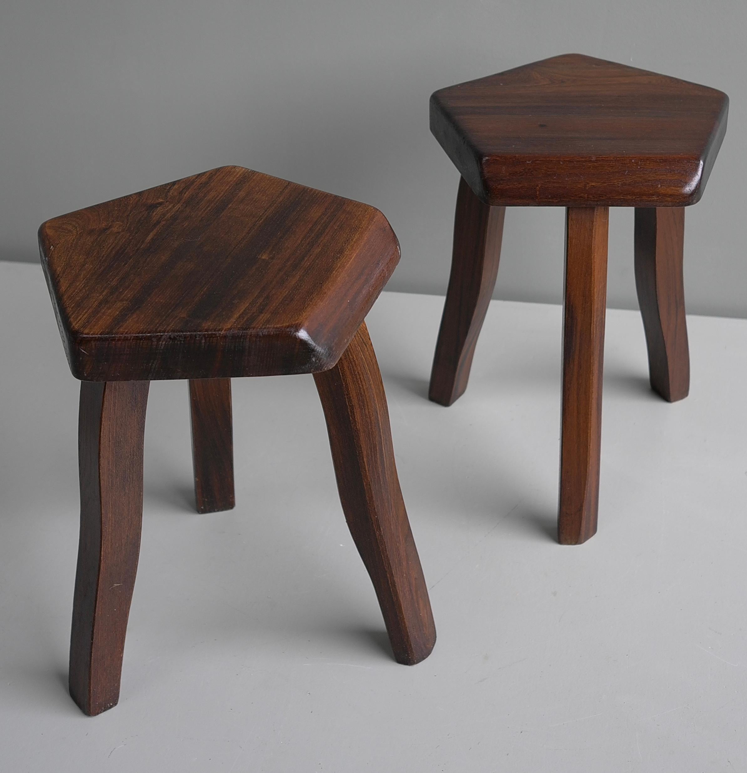 Pair of Tripod Curved Stools in Solid Elm Wood by Aranjou, France, 1960's 2