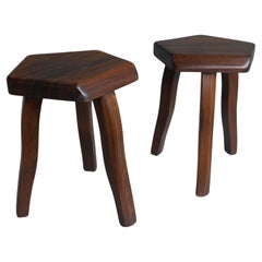 Antique Pair of Tripod Curved Stools in Solid Elm Wood by Aranjou, France, 1960's