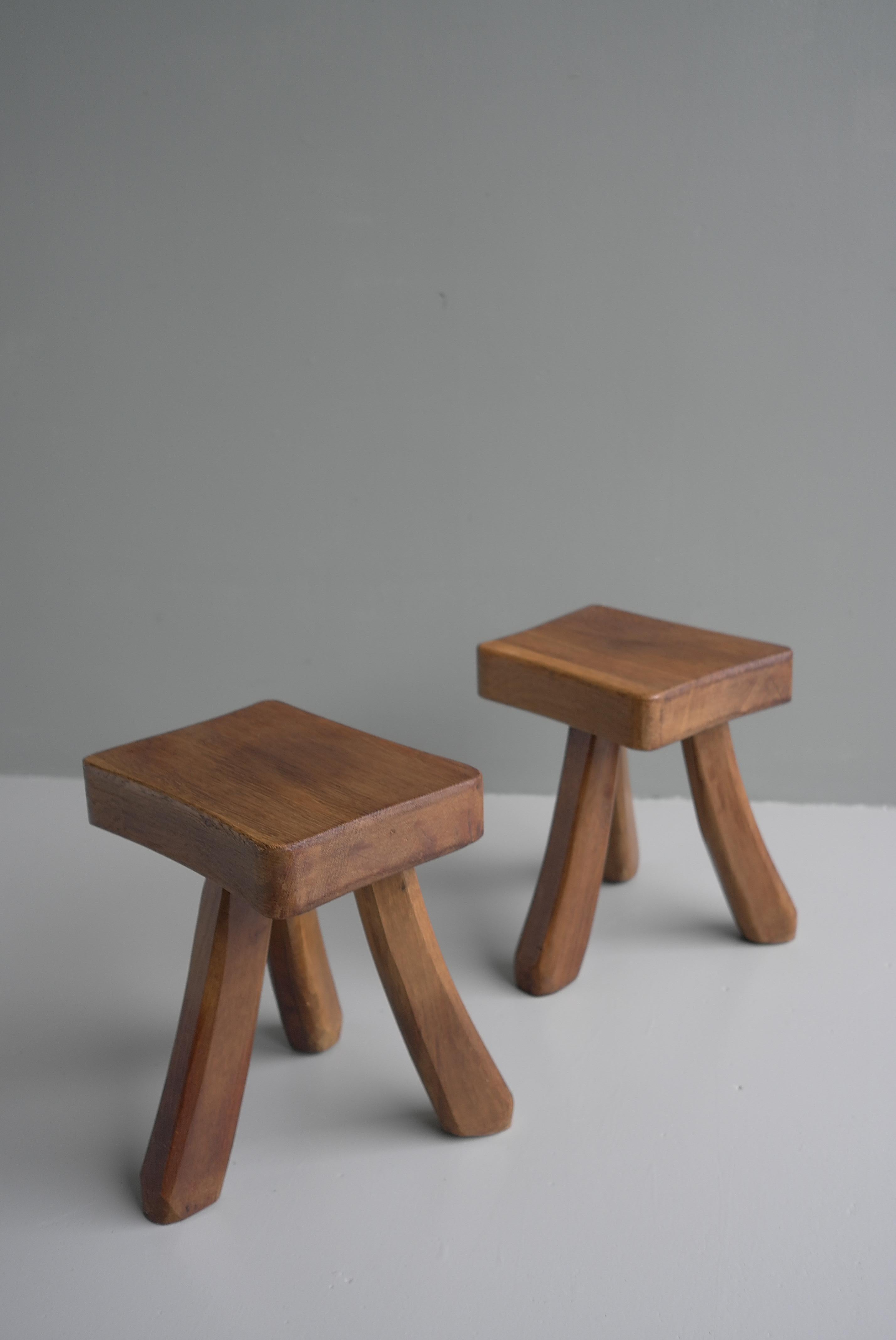 French Pair of Tripod Curved Stools in Solid Oak, France, 1960's