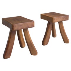 Pair of Tripod Curved Stools in Solid Oak, France, 1960's
