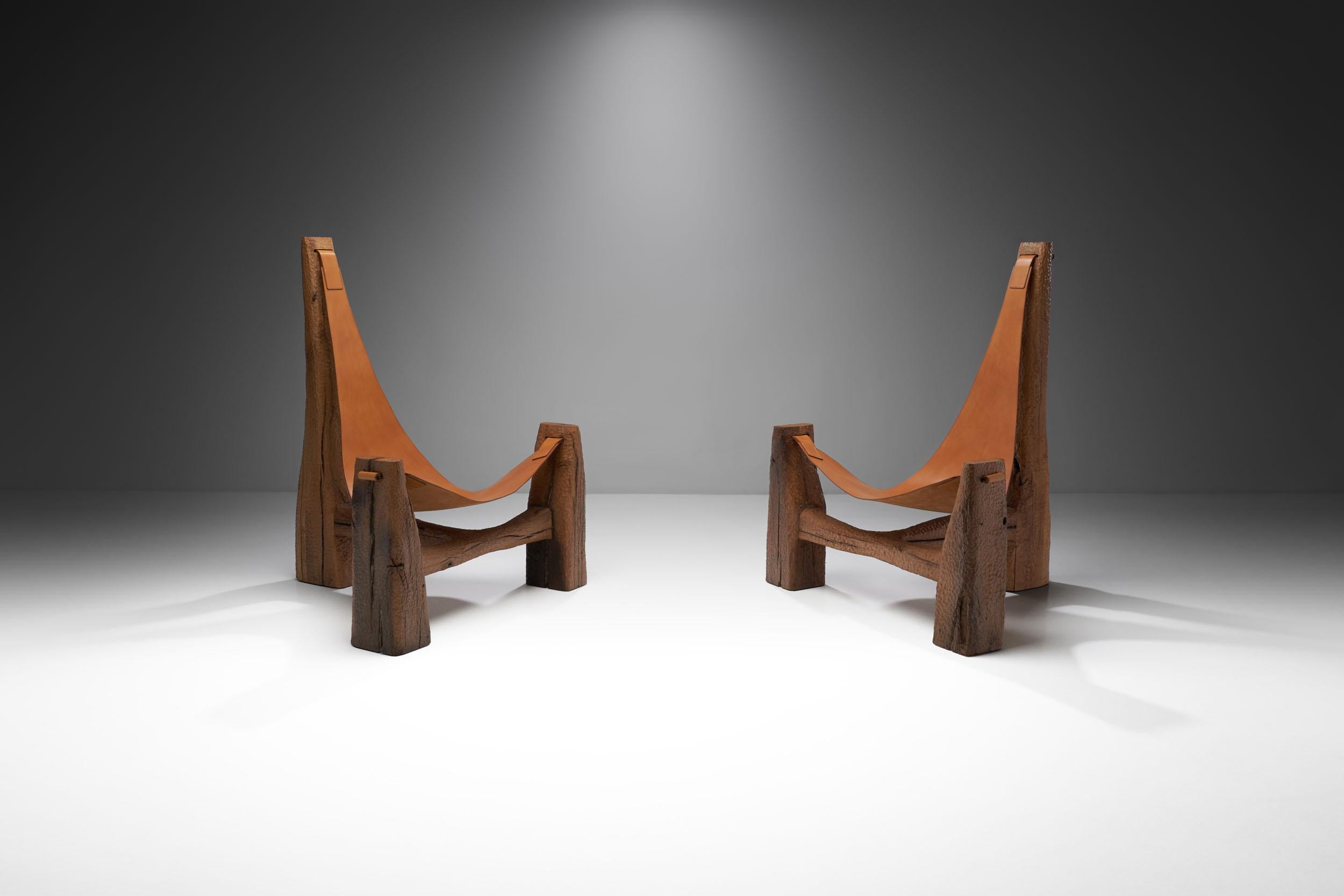 Carved Pair of Tripod Lounge Chairs by Pavel Novak, Czechoslovakia 1980s  For Sale