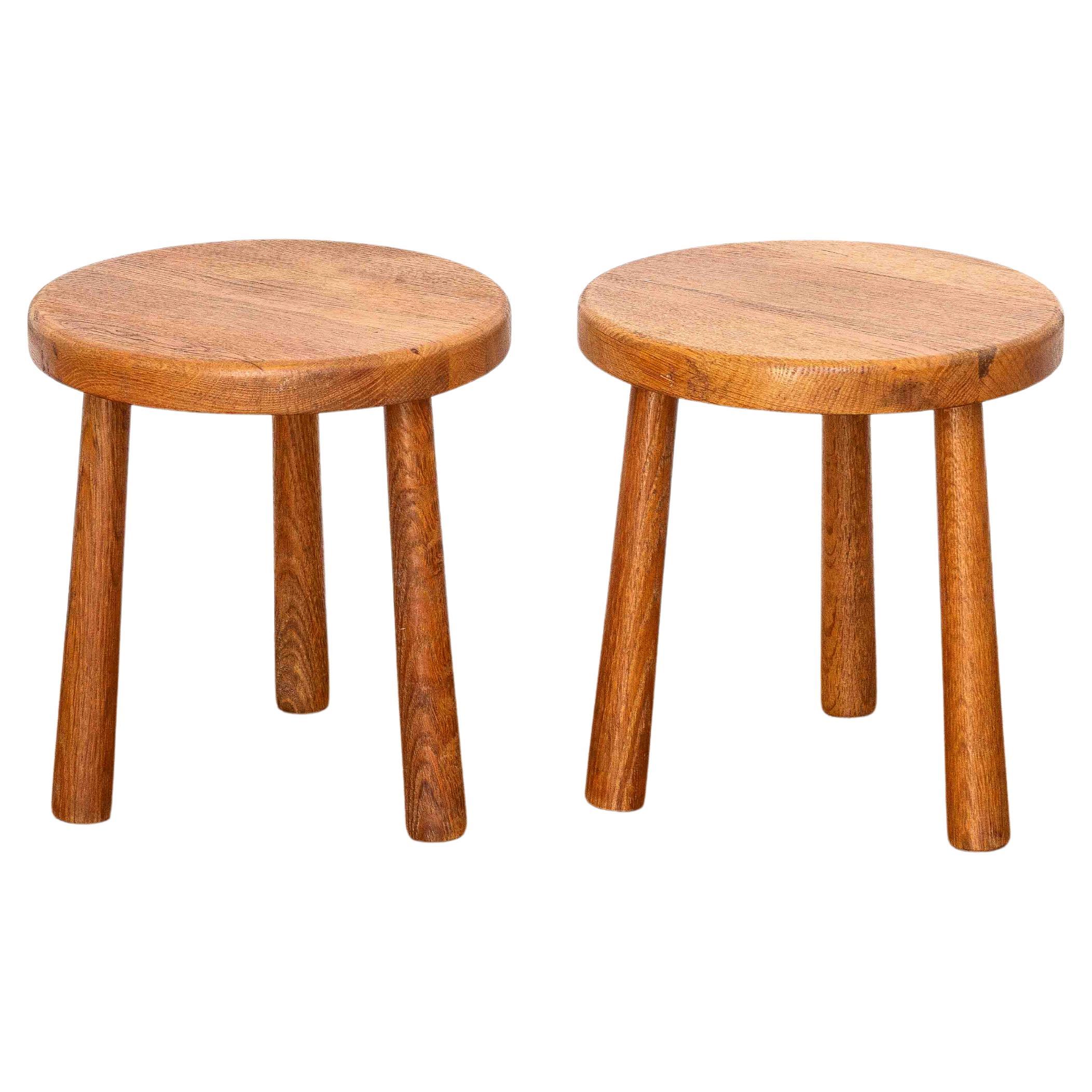 Pair of Tripod Oak Stools, French Mid-Century, Charlotte Perriand Style, 1950s