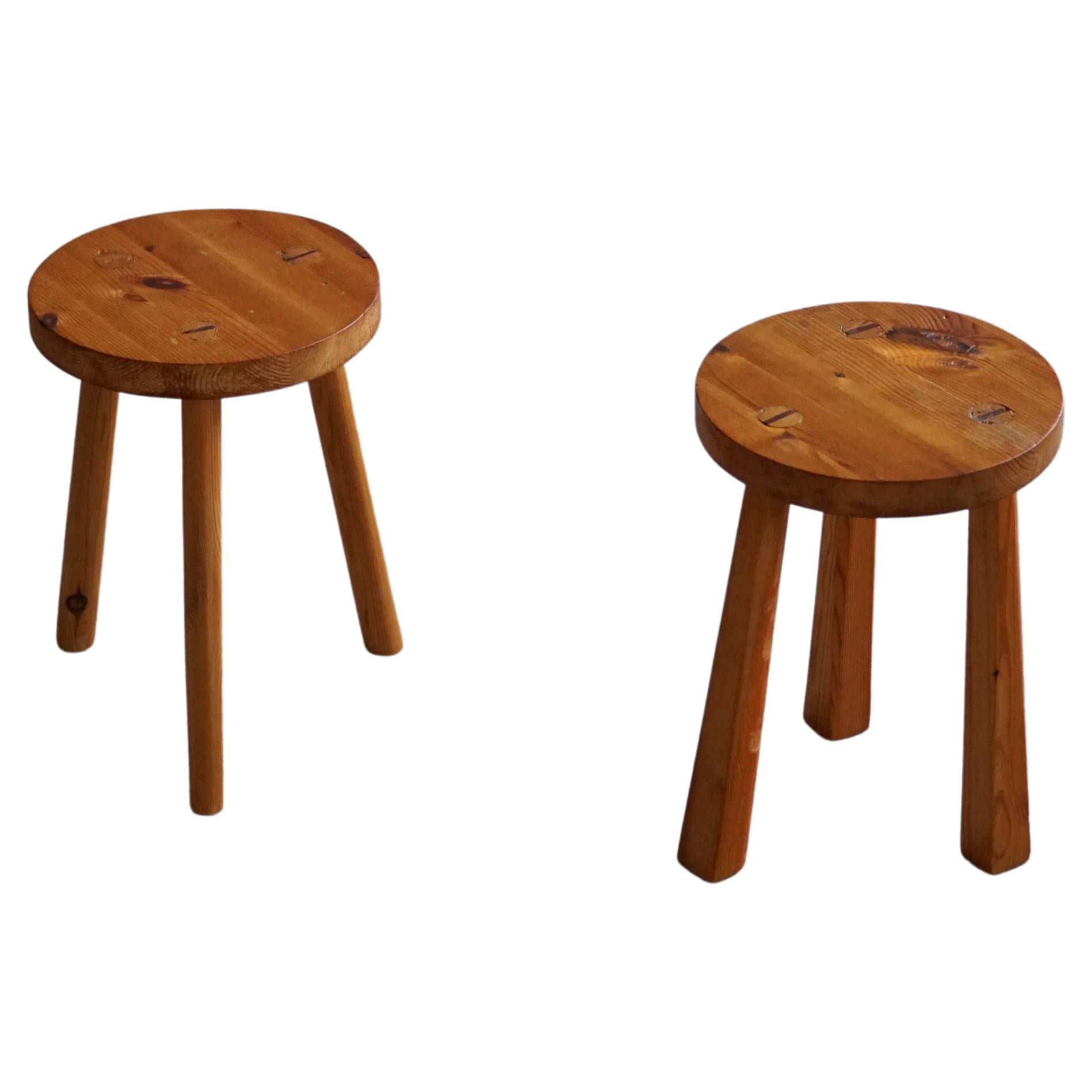 Pair of Tripod Stools in Pine, by Swedish Cabinetmaker, Mid Century, Ca 1960s For Sale