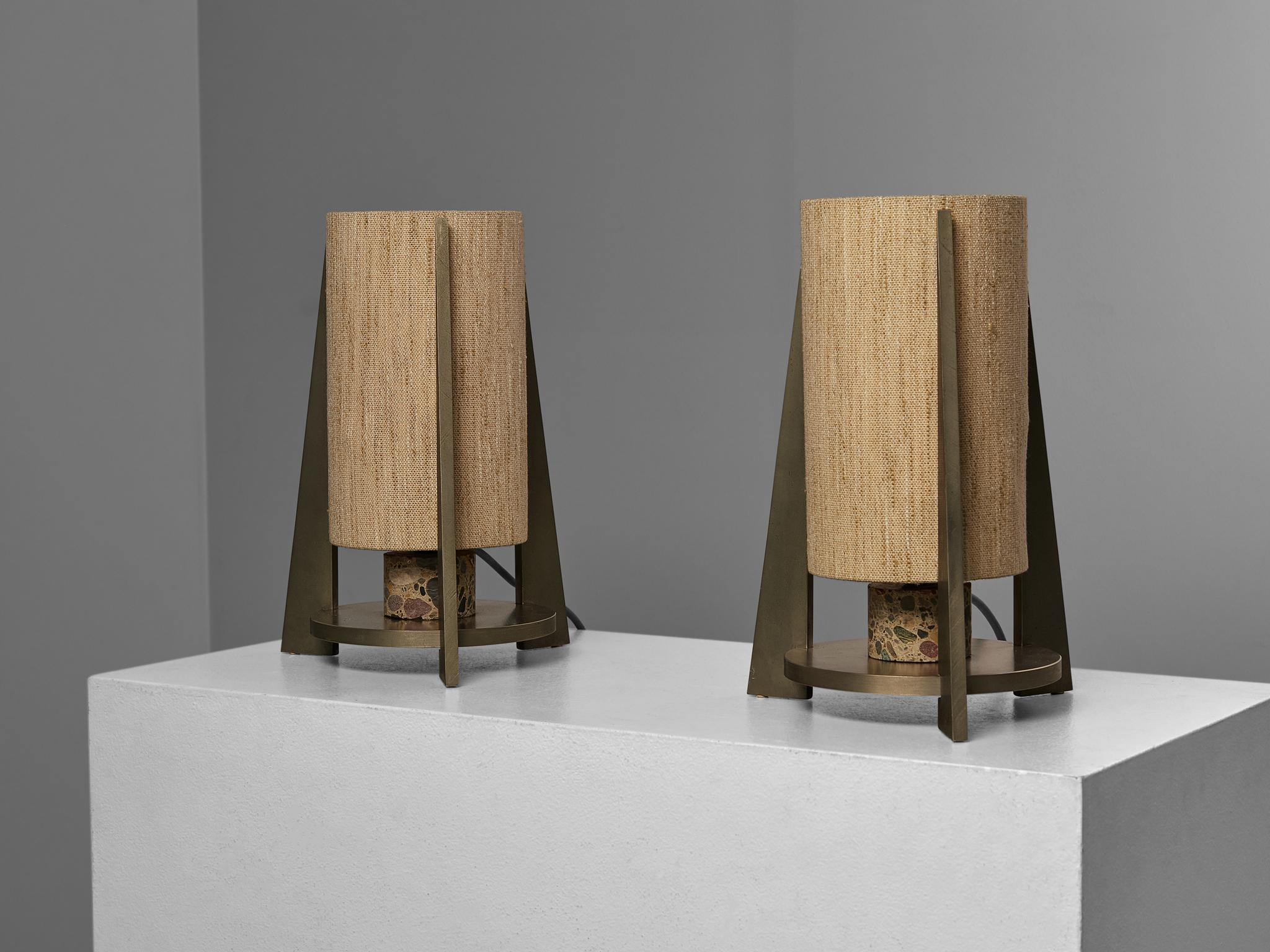 Pair of Tripod Table Lamps in Nickel and Terrazzo Stone 1