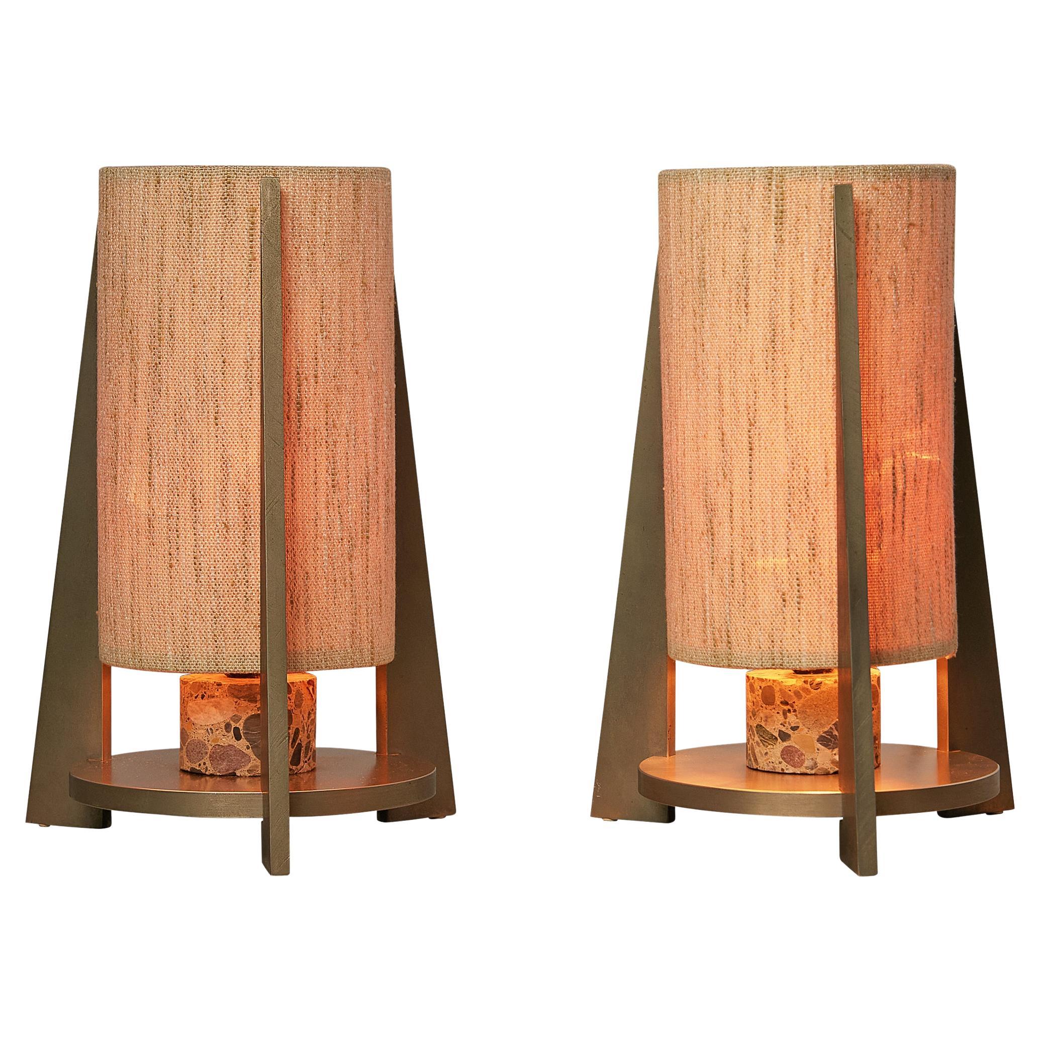 Pair of Tripod Table Lamps in Terrazzo Stone and Nickel  For Sale