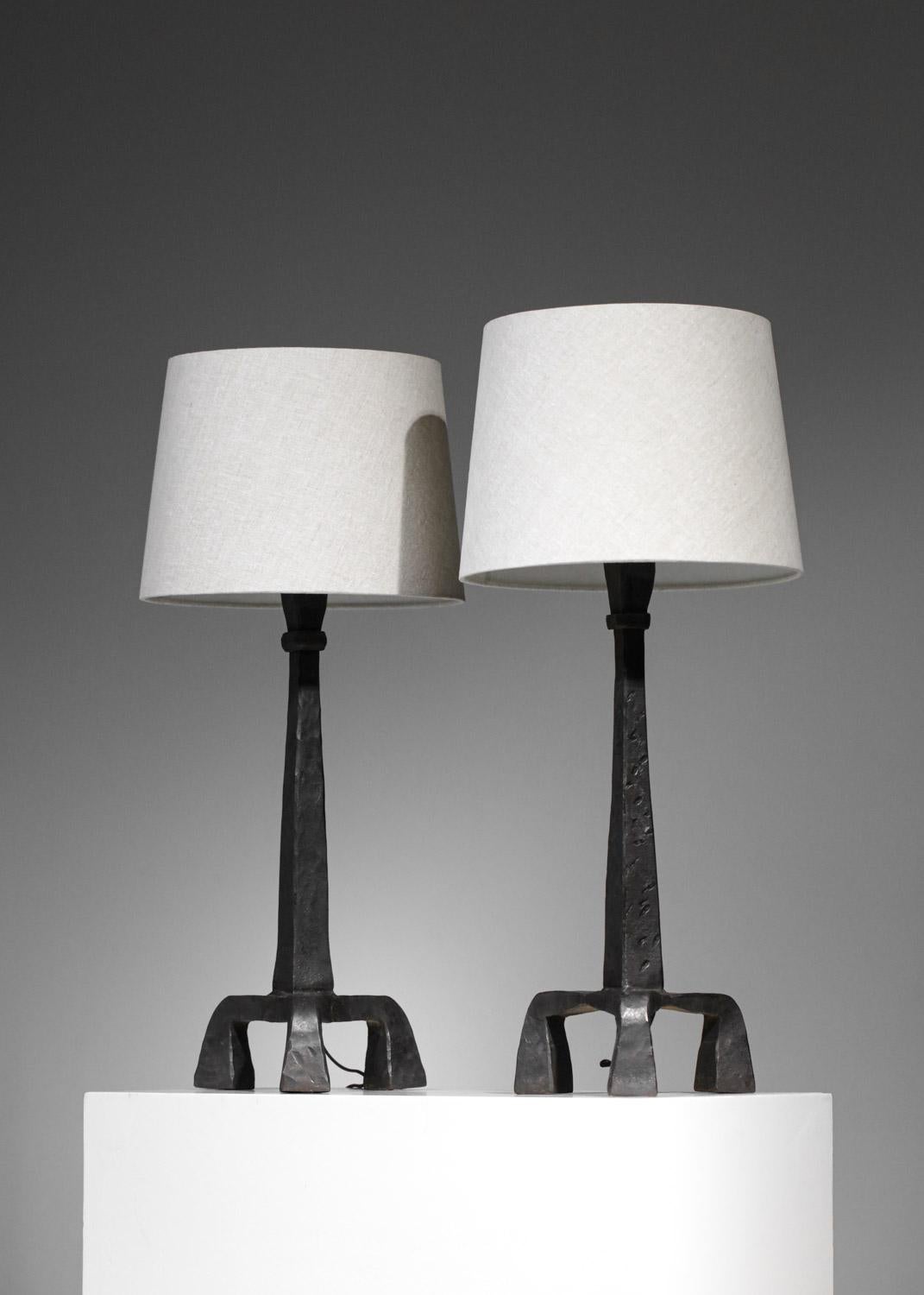 Pair of Tripod Table Lamps in Wrought Iron Diego Giacometti Style, F647 8