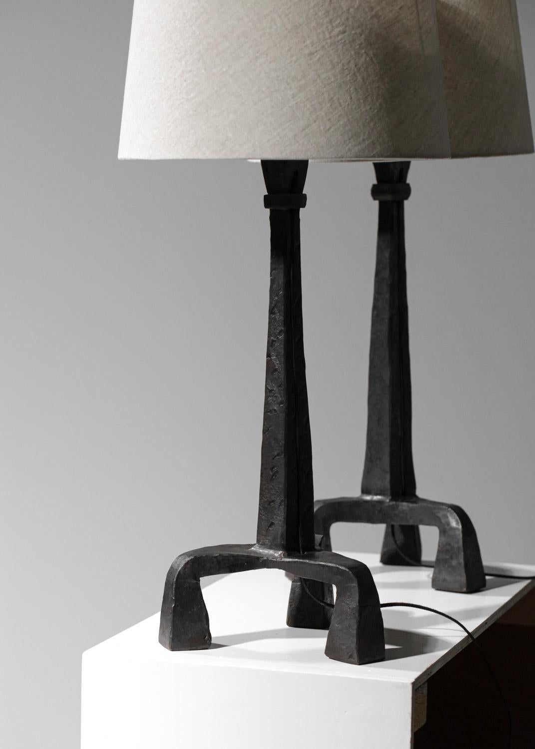 Pair of Tripod Table Lamps in Wrought Iron Diego Giacometti Style, F647 9