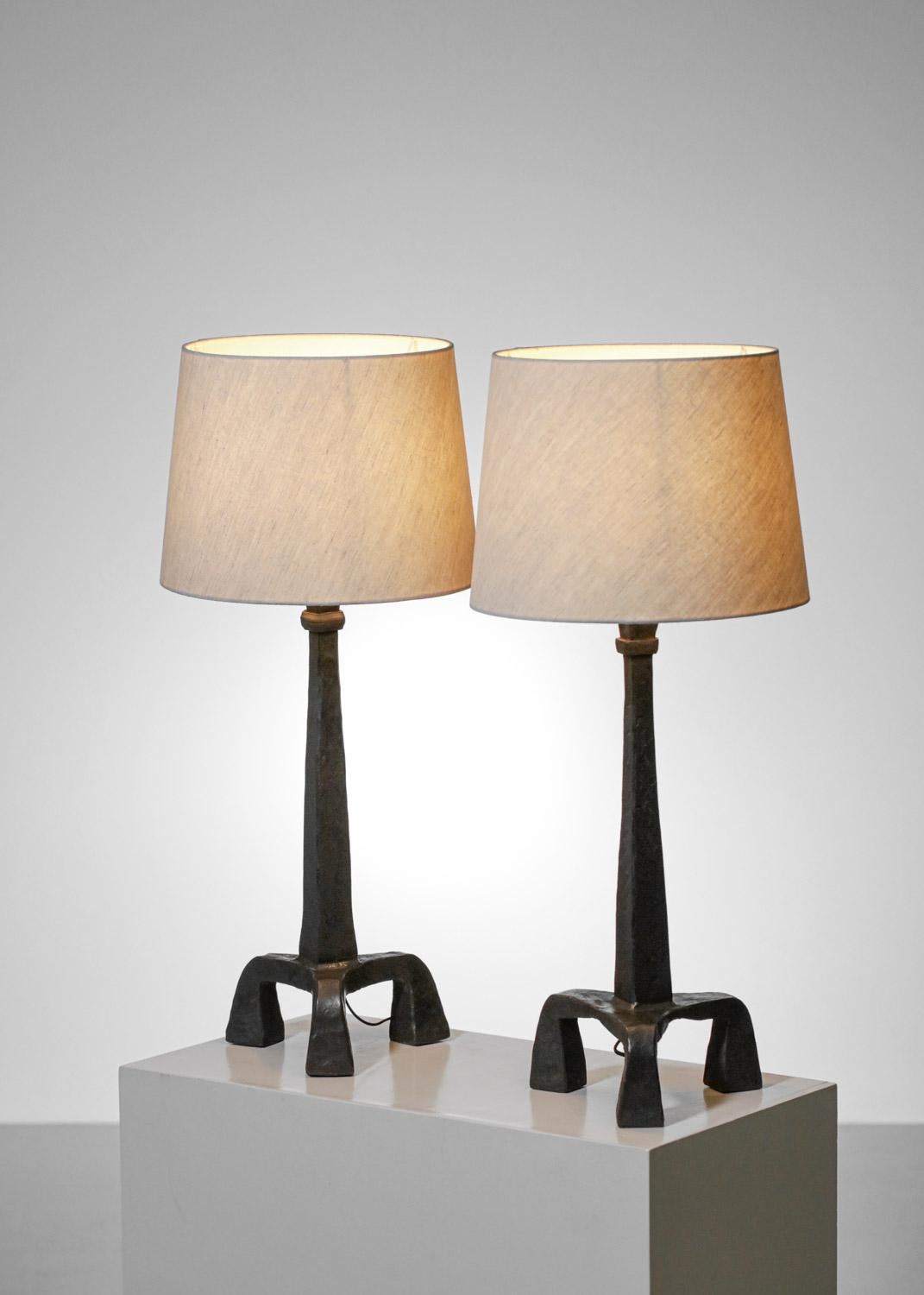 Pair of Tripod Table Lamps in Wrought Iron Diego Giacometti Style, F647 2