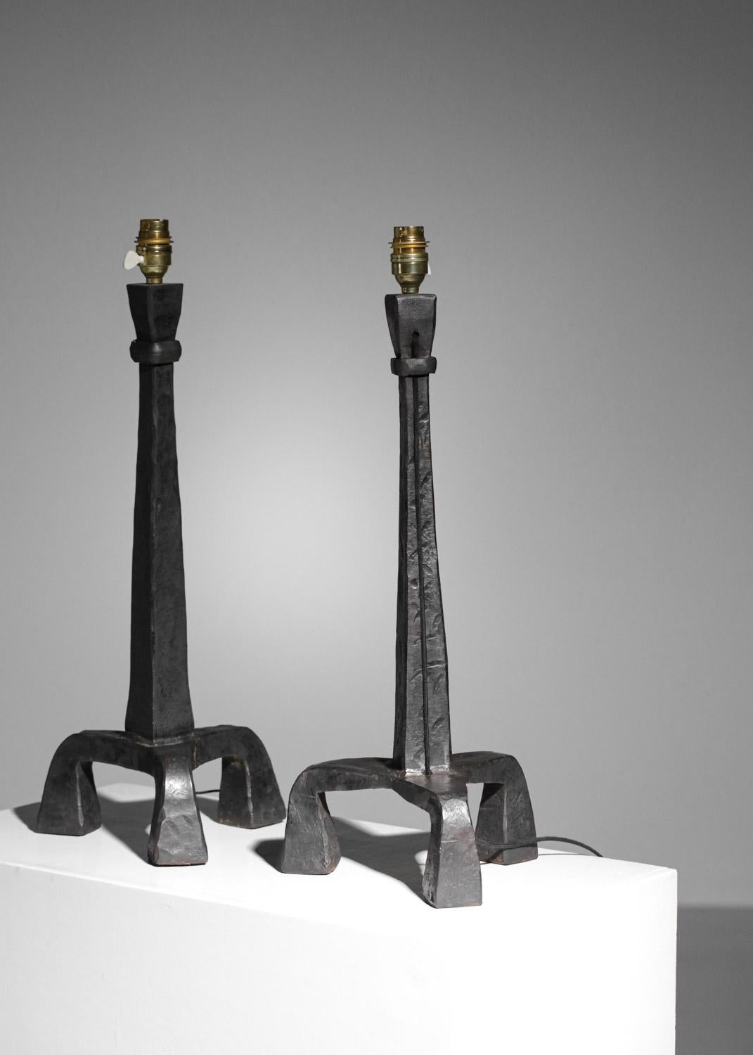 Pair of Tripod Table Lamps in Wrought Iron Diego Giacometti Style, F647 3