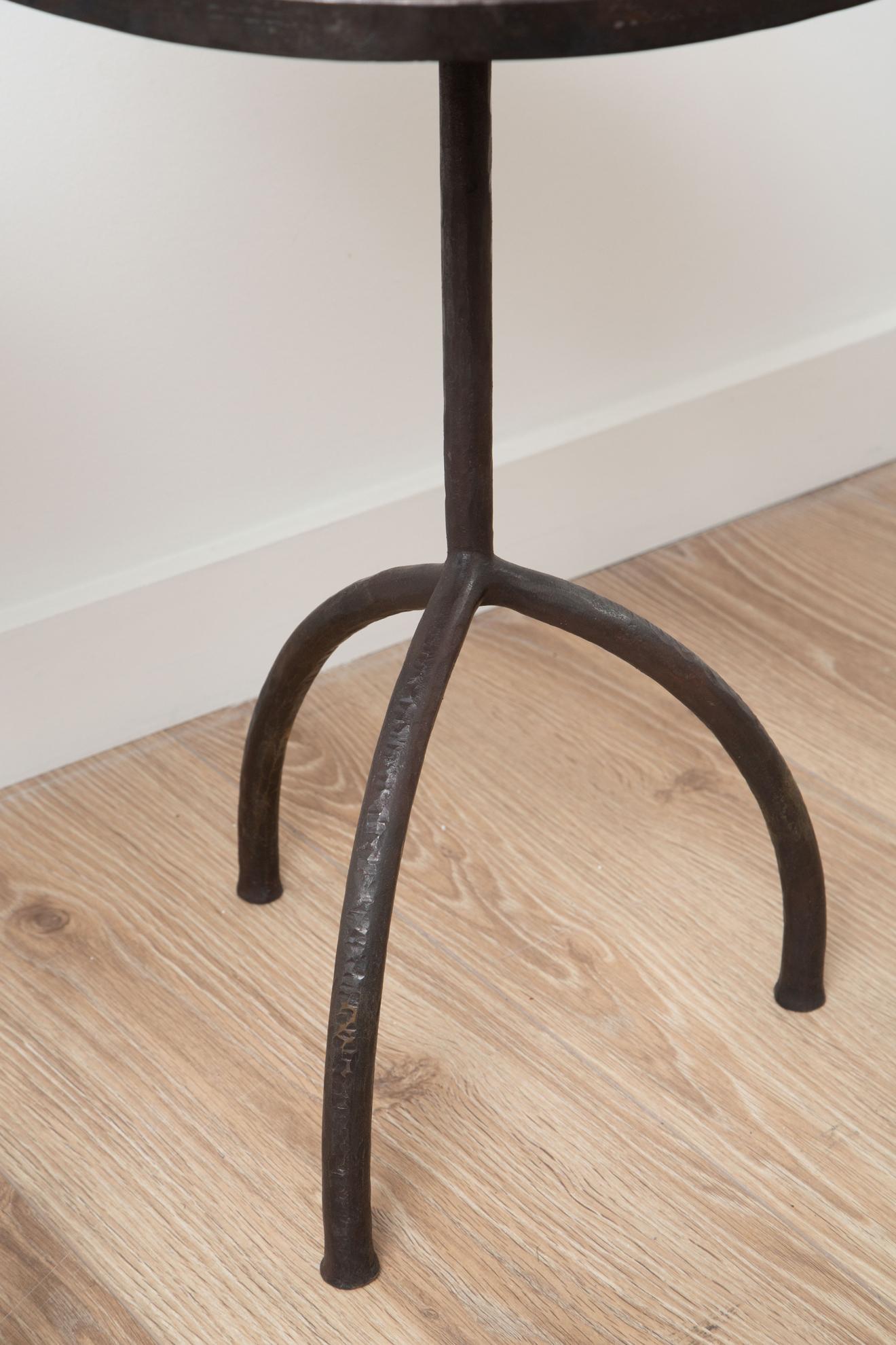 Pair of Tripod Wrought Iron with Etched Brass Top Side Tables, in Stock In Excellent Condition For Sale In Miami, FL