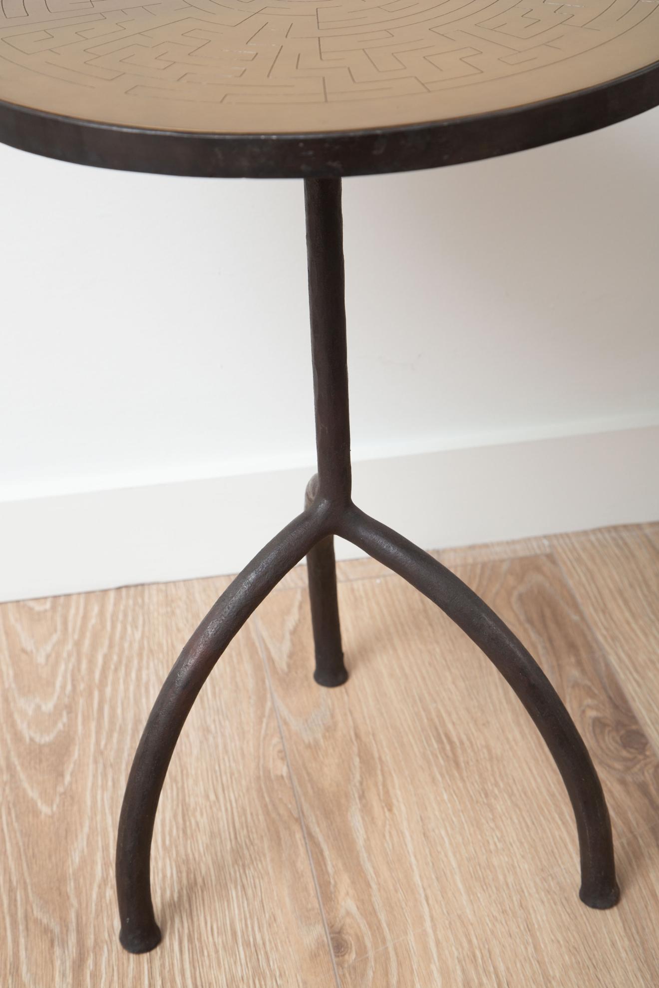 Contemporary Pair of Tripod Wrought Iron with Etched Brass Top Side Tables, in Stock For Sale