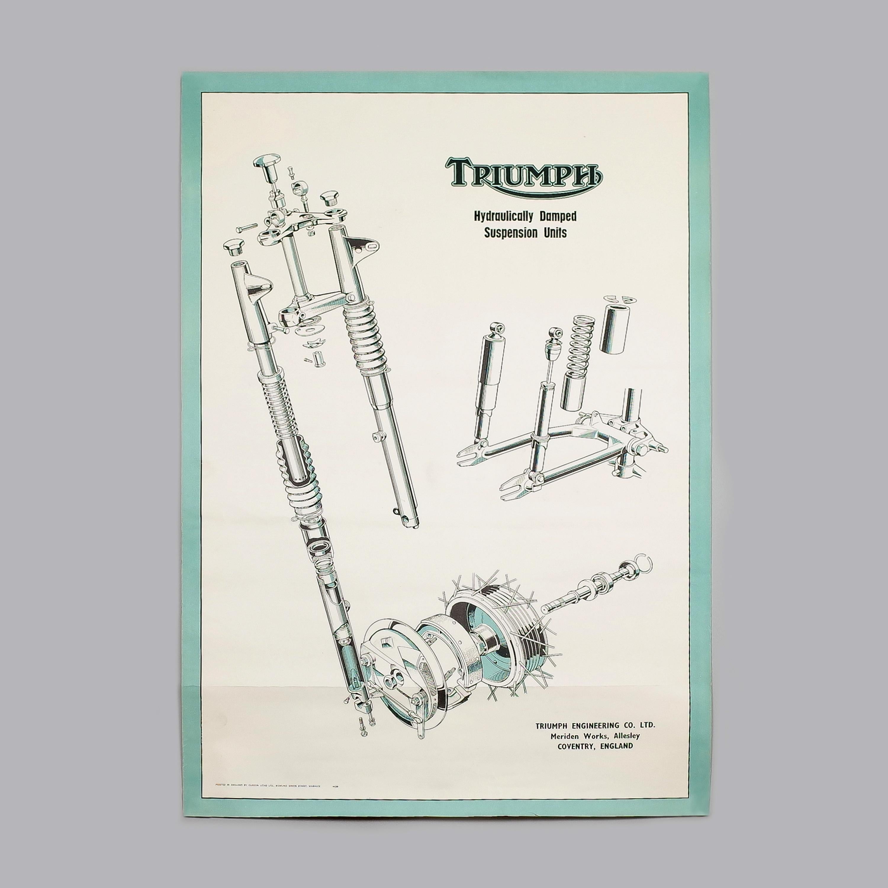 Industrial Pair of Triumph Motorcycle Original Technical Posters, England, 1950s