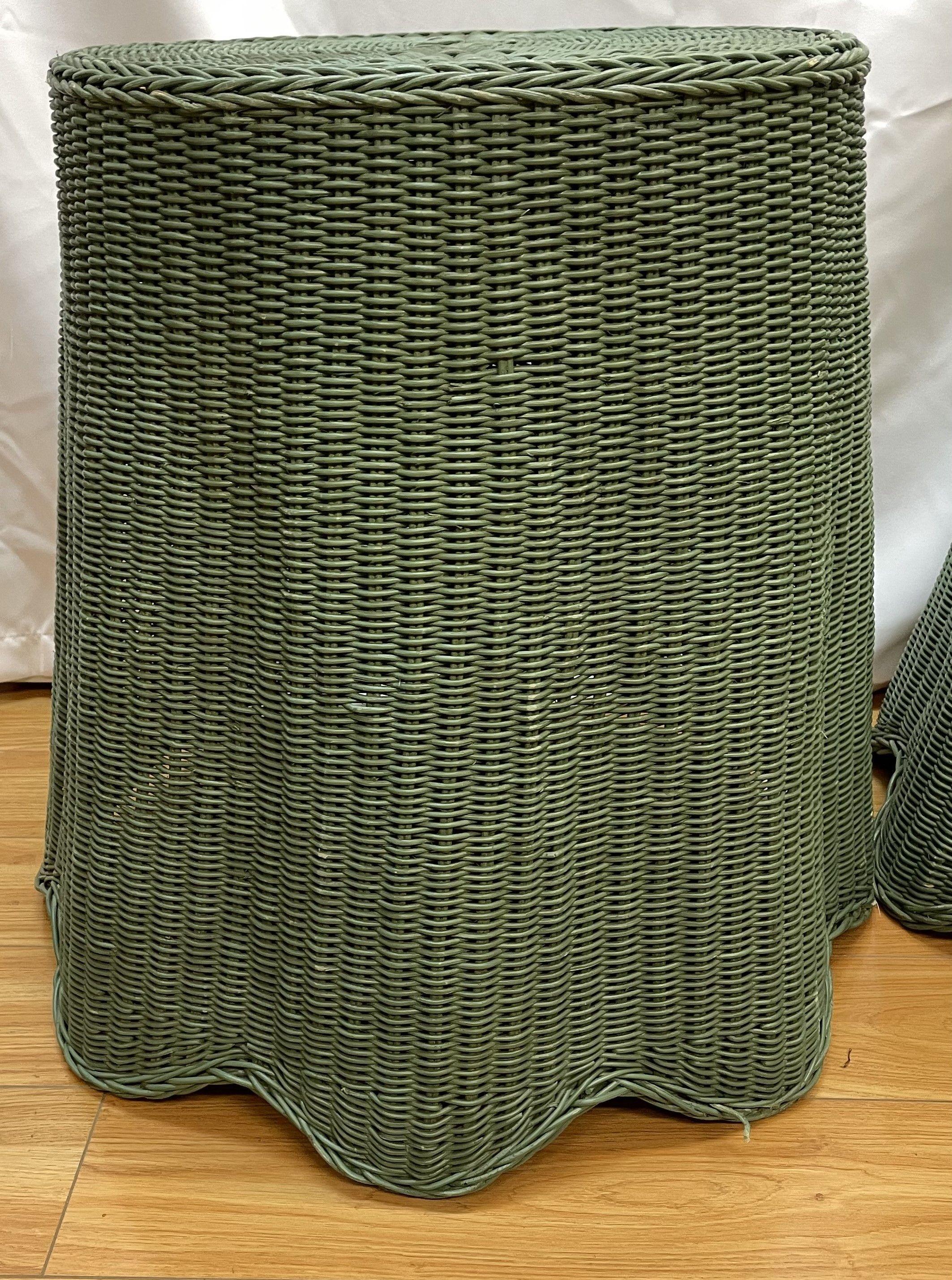 20th Century Pair of Tromp L'oeil draped wicker tables painted green  For Sale