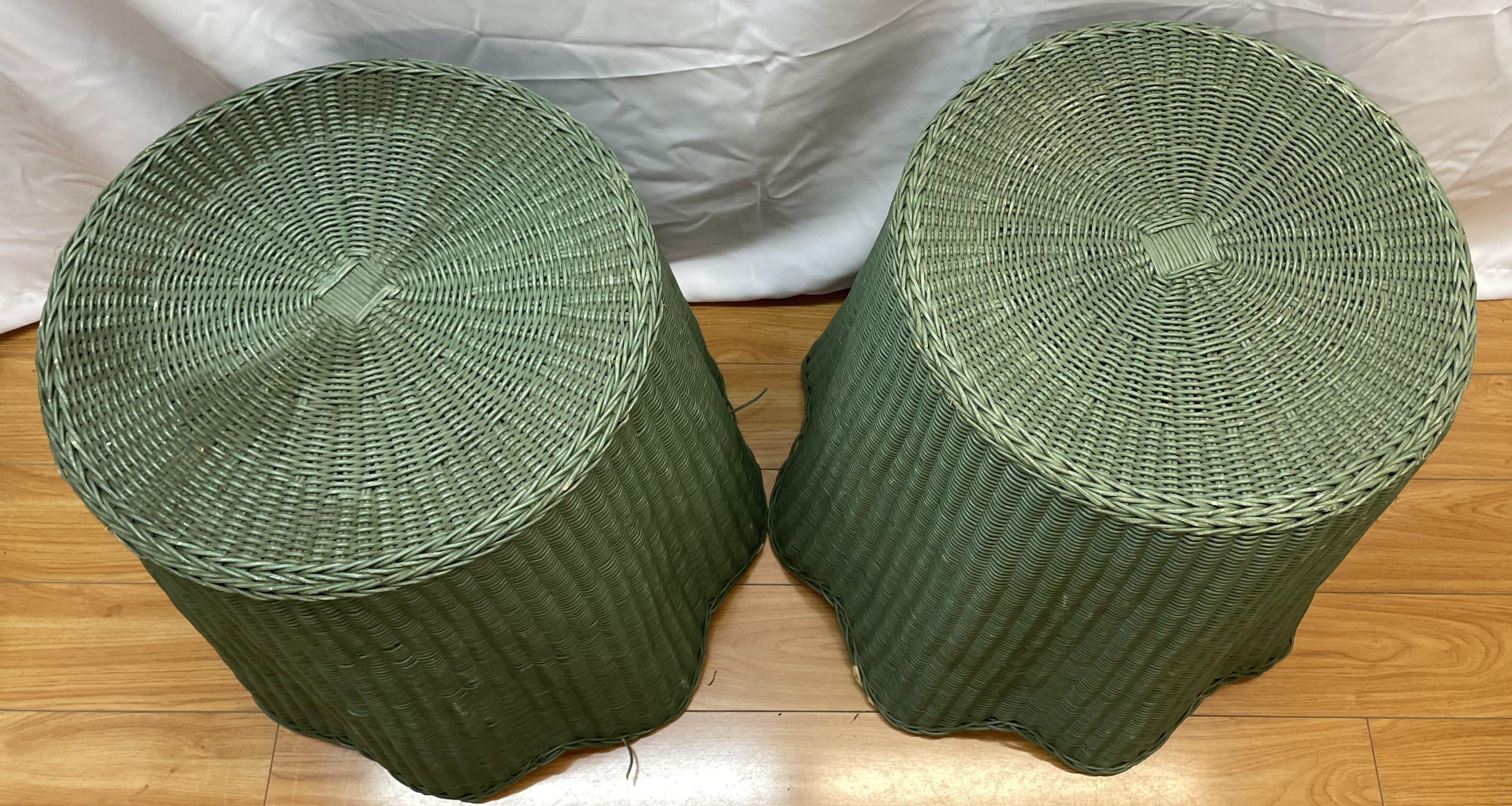 Wicker Pair of Tromp L'oeil draped wicker tables painted green  For Sale