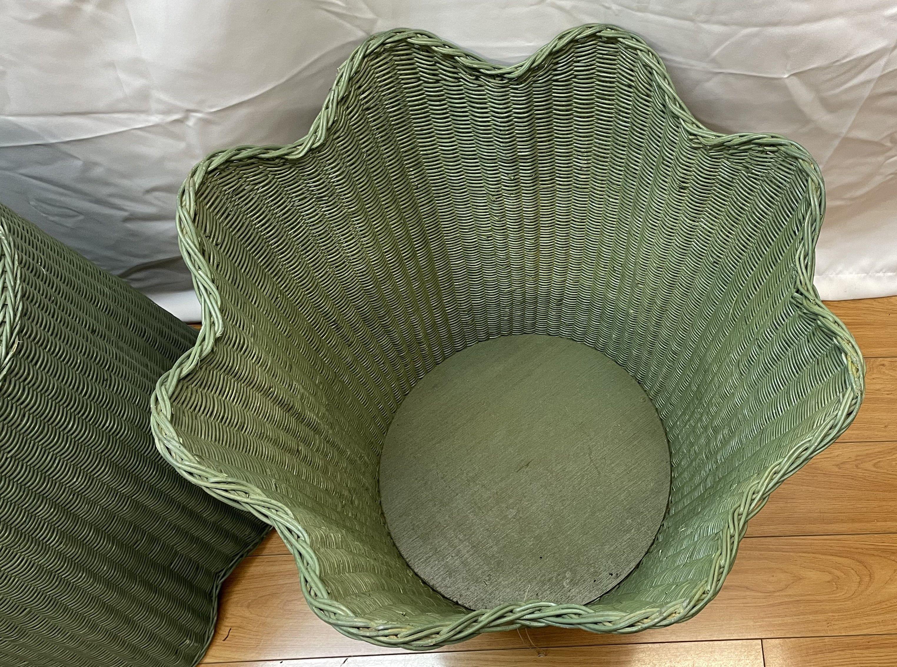 Pair of Tromp L'oeil draped wicker tables painted green  For Sale 1