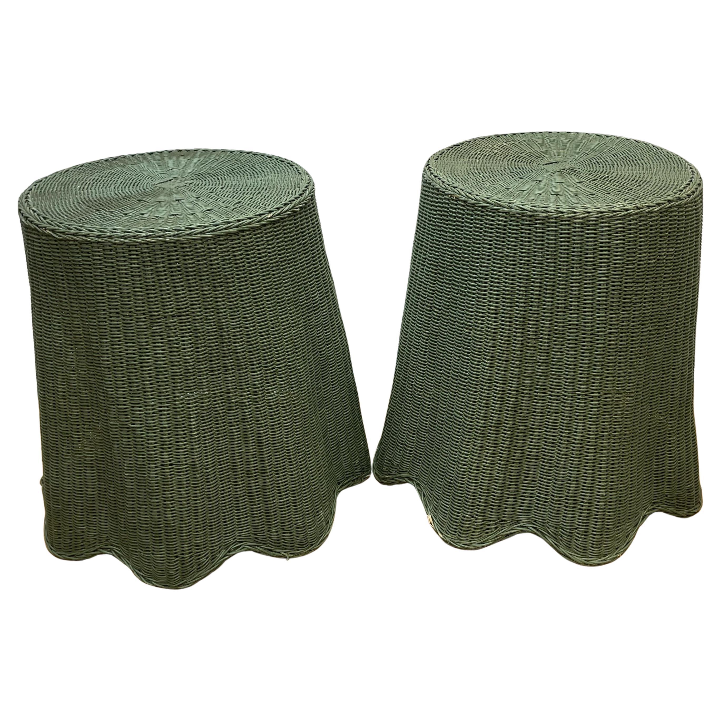 Pair of Tromp L'oeil draped wicker tables painted green  For Sale