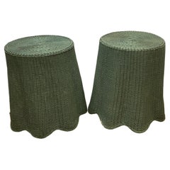 Used Pair of Tromp L'oeil draped wicker tables painted green 