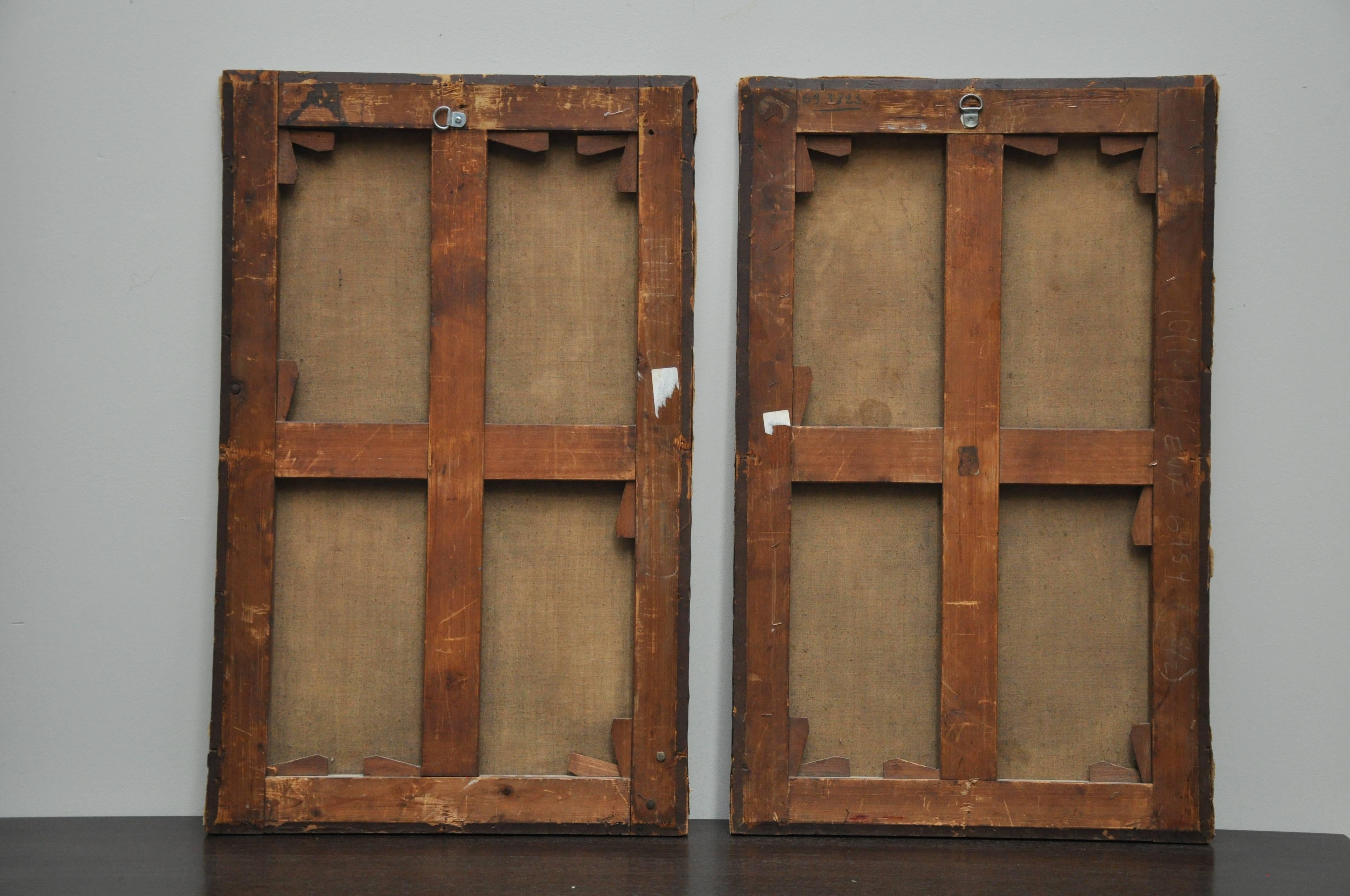 This pair of 19th century oil on canvas paintings are trompe l'oeil in style in tones of warm cream and brown.
