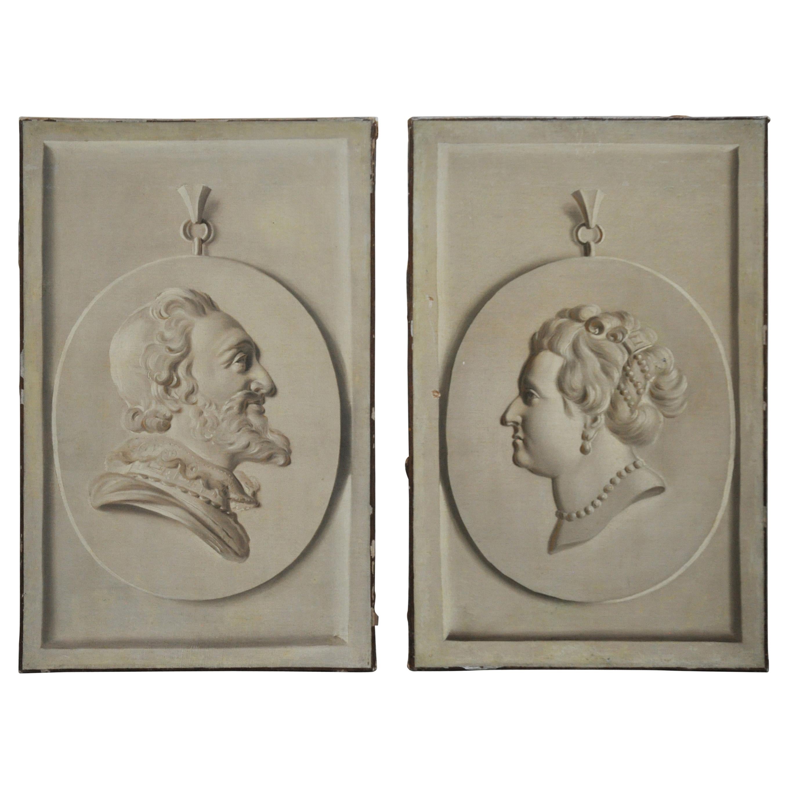 Pair of Trompe L'Oeil Busts, Oil on Canvas For Sale