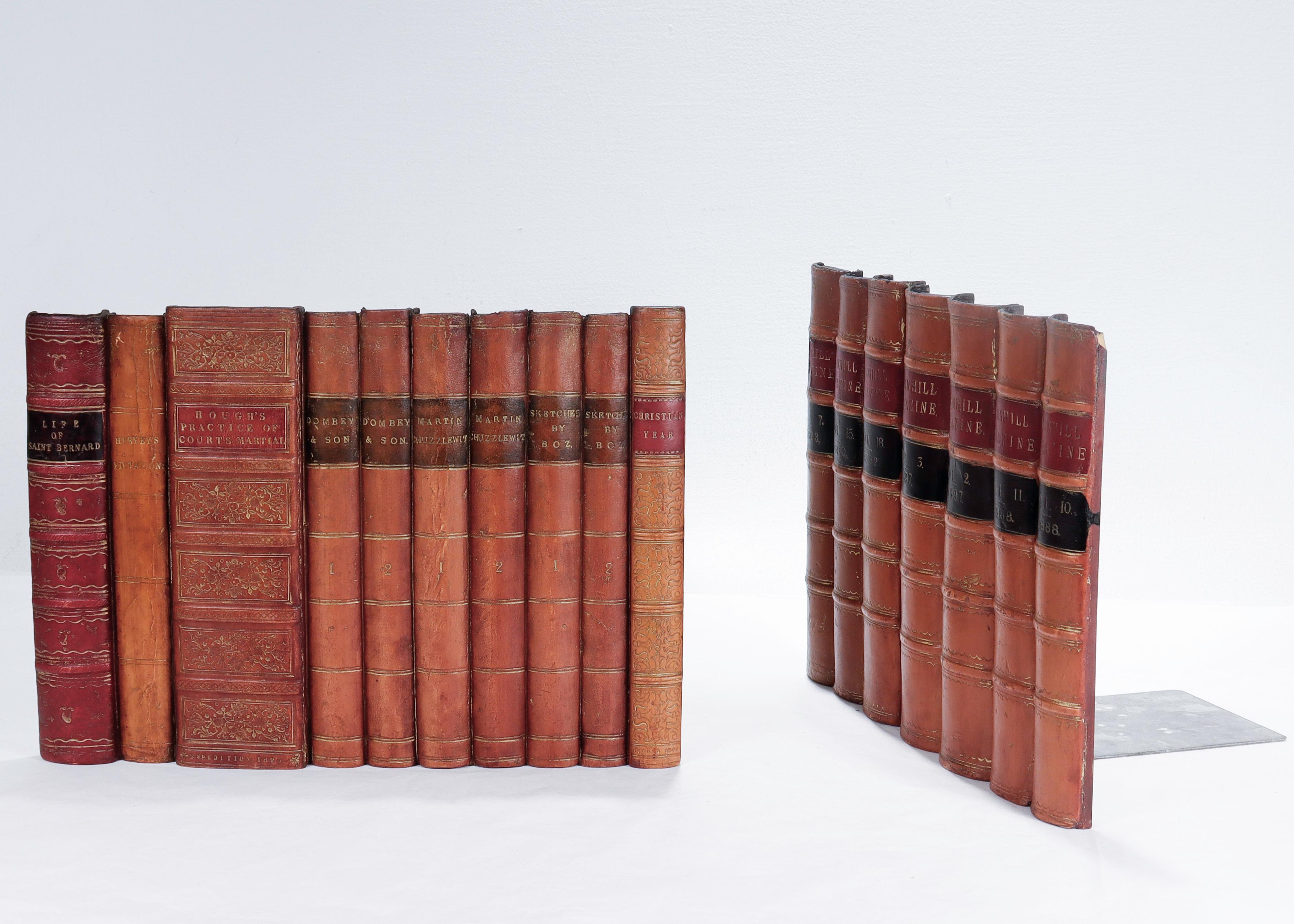 Two panels of faux leather bound books.

With aged leather book spines, cast epoxy backs, and velcro L-brackets to the reverse to allow them to stand on their own.

Perfect for shelf decorating or hiding a wall safe or valuables.

Simply a terrific