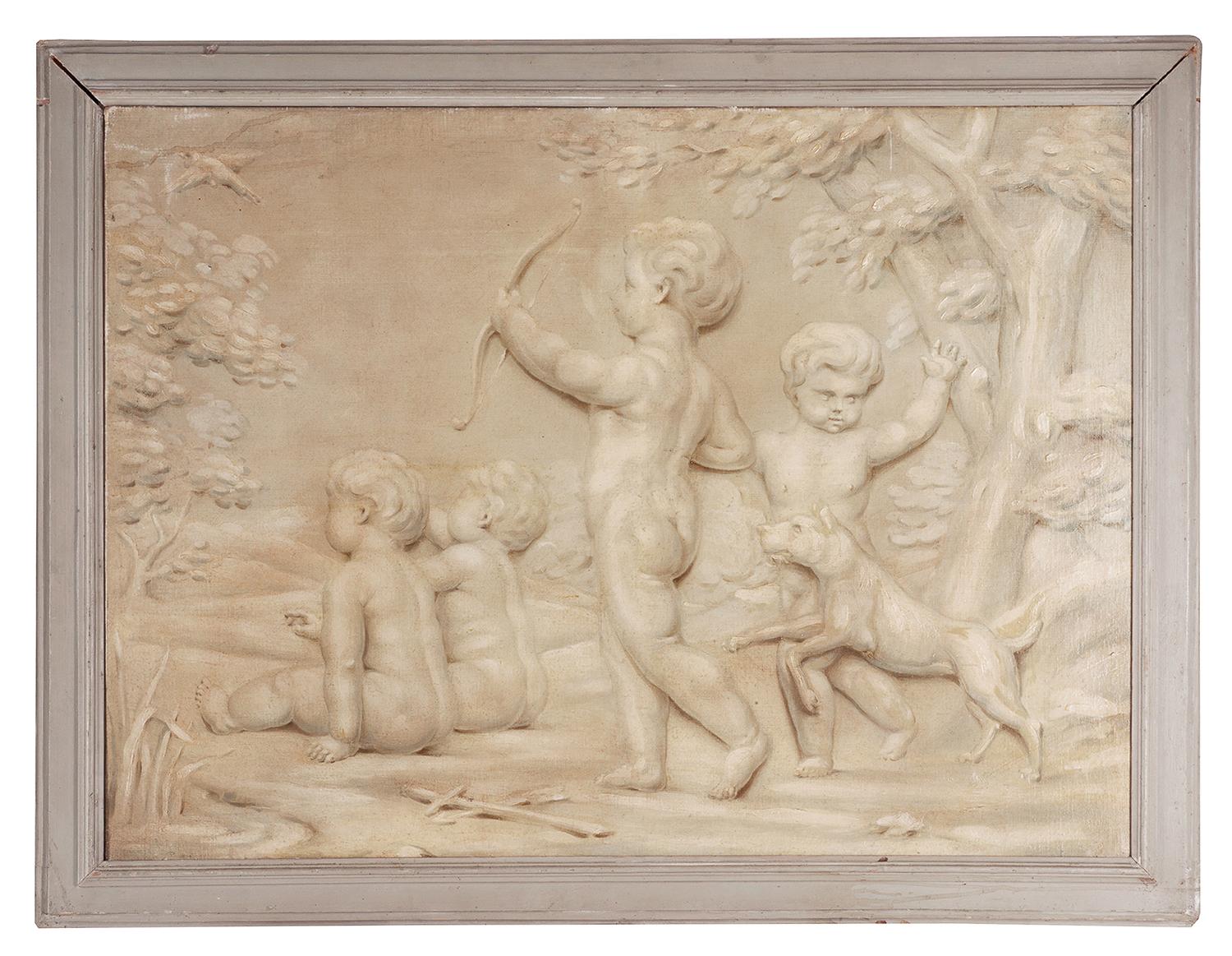 An impressive pair of 19th century oil on canvas trompe l'oeil paintings depicting cherubs playing on the back of a goat and hunting in the garden.