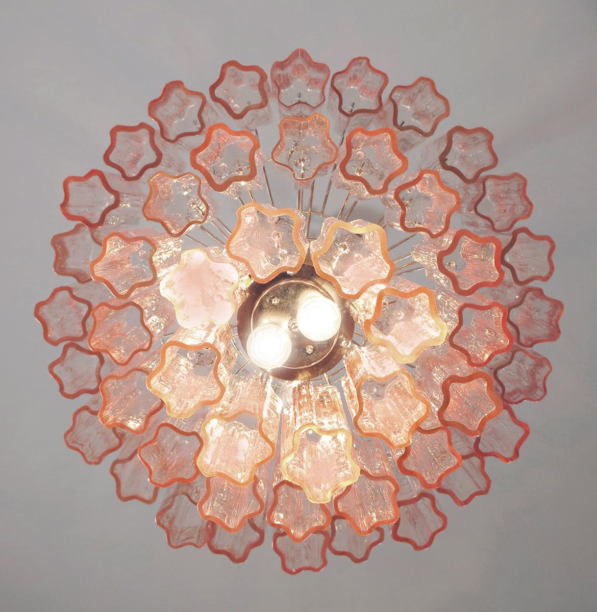 Pair of Tronchi Chandelier Style Toni Zuccheri, 48 Pink Glasses, Murano, 1990 For Sale 1