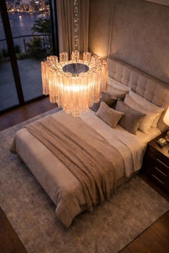 Pair of Tronchi Chandeliers Style Toni Zuccheri, 36 Pink Glasses, Murano, 1990