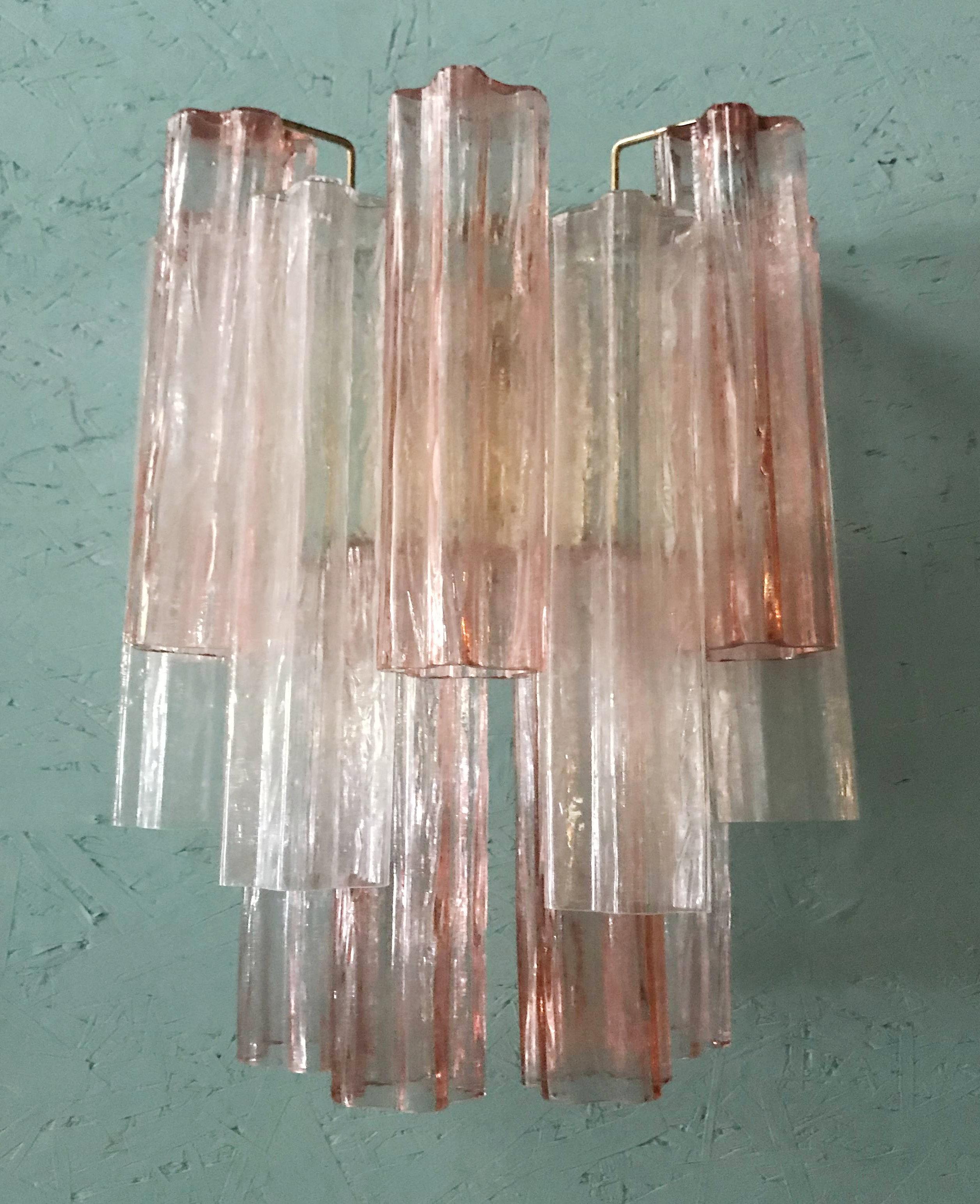 Pair of vintage wall lights with pink and clear Murano 