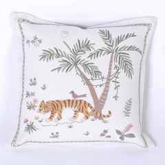 Pair of Tropical Crewelwork Tiger Pillows
