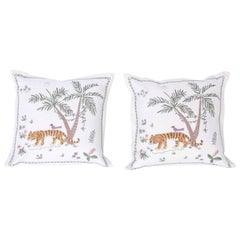 Pair of Tropical Crewelwork Tiger Pillows