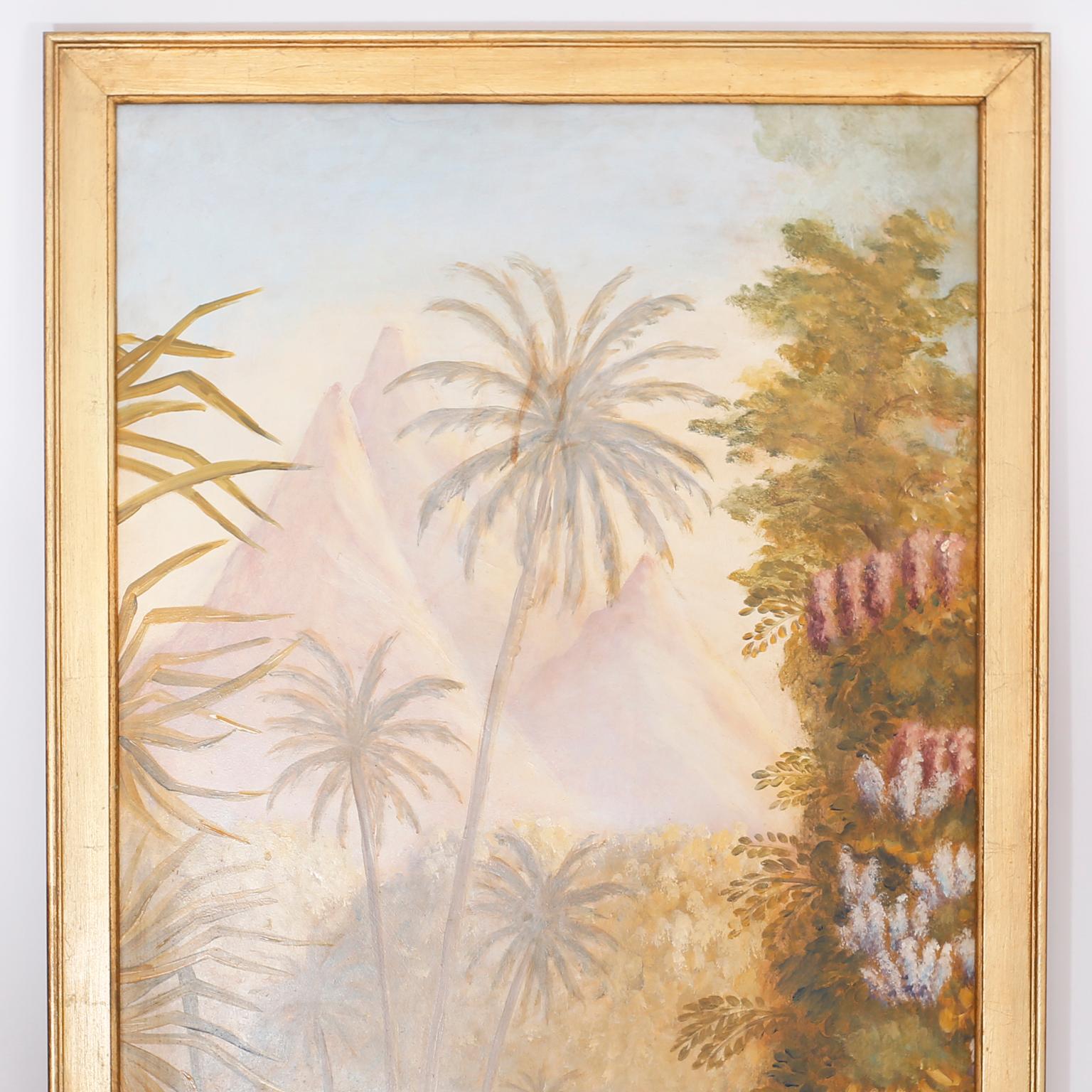 Pair of oil paintings on board of jungle scenes with mountains, rivers, Palm Trees, flowers, and exotic plant species executed in a misty technique that captures the heat and dreamy quality of a rain forest.