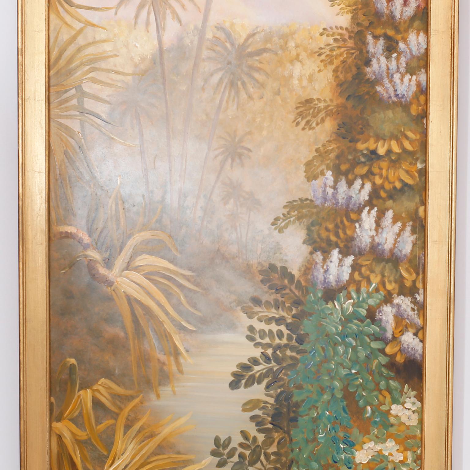 British Colonial Pair of Tropical Oil Paintings on Board