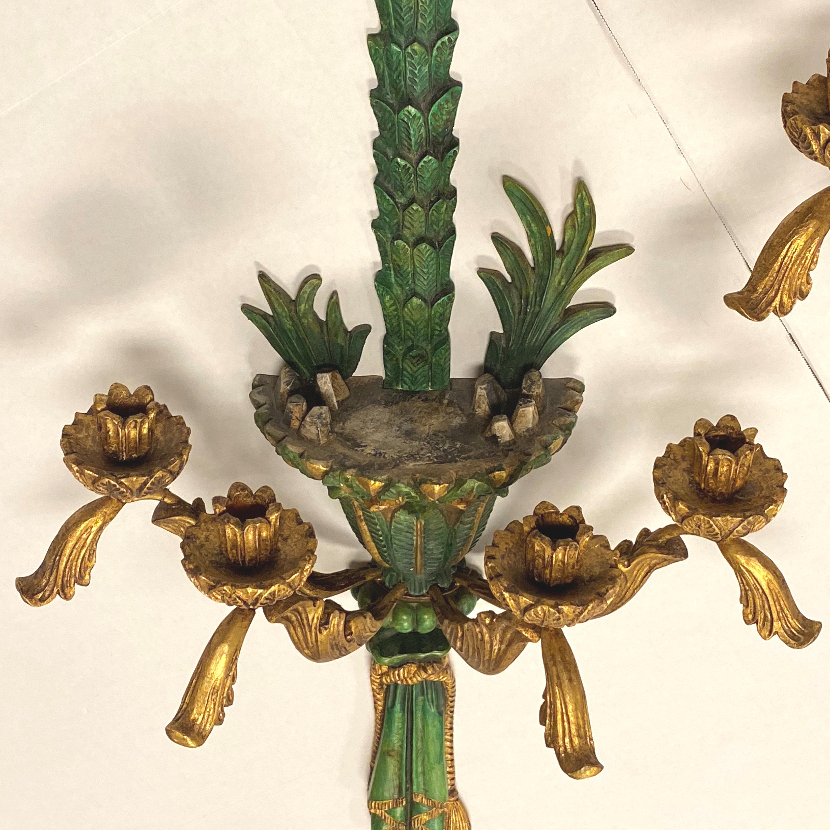 Wood Pair of Tropical Style Polychrome and Giltwood Sconces