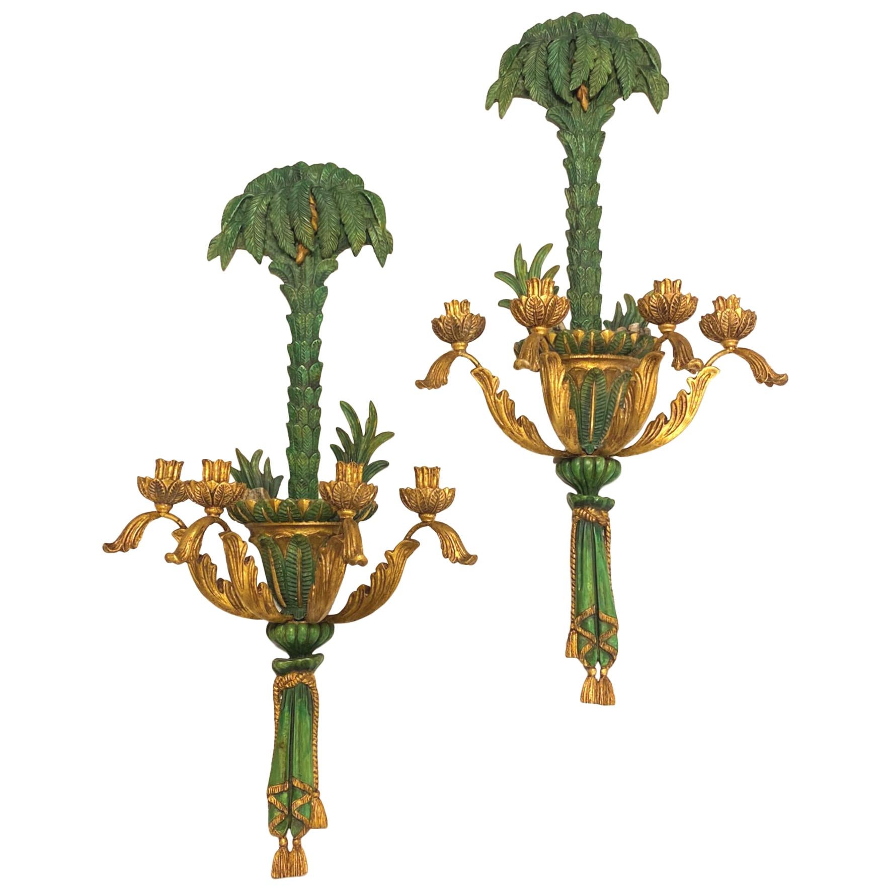 Pair of Tropical Style Polychrome and Giltwood Sconces