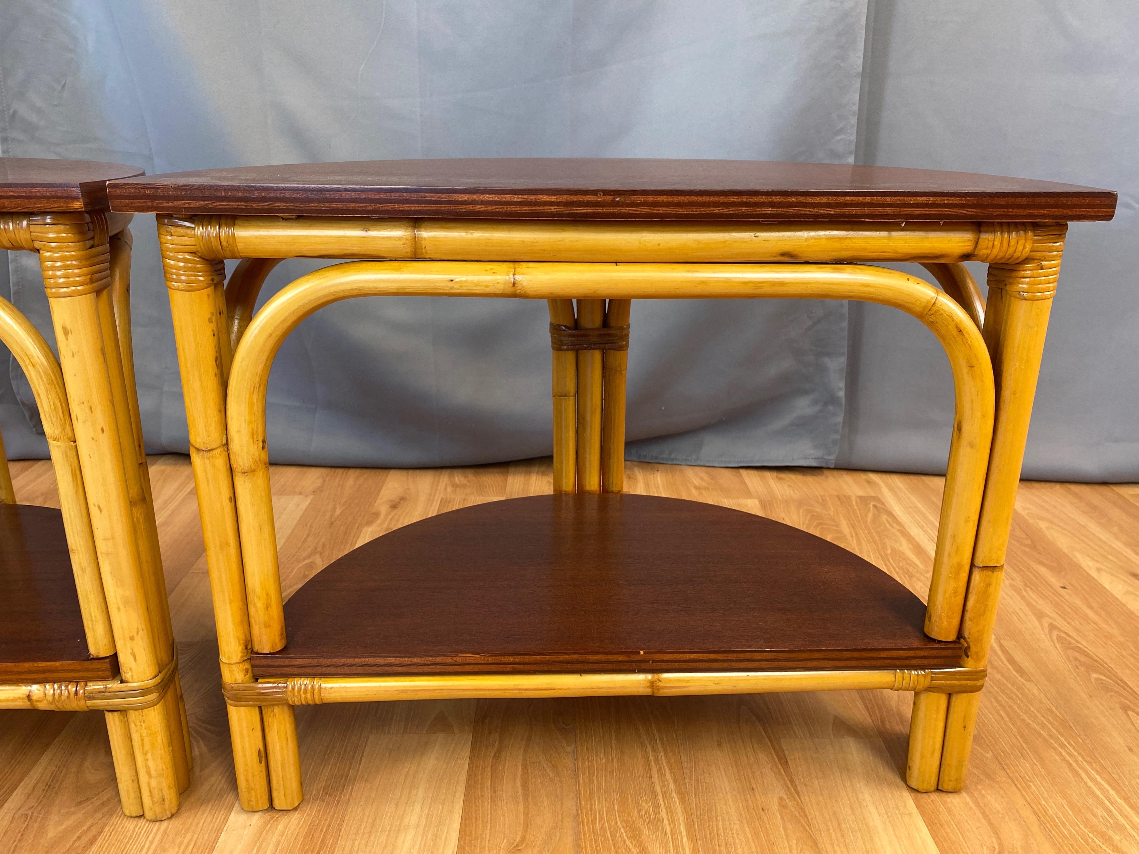 Pair of Tropical Sun Co. Rattan & Mahogany Demilune Side Tables, 1940s 3